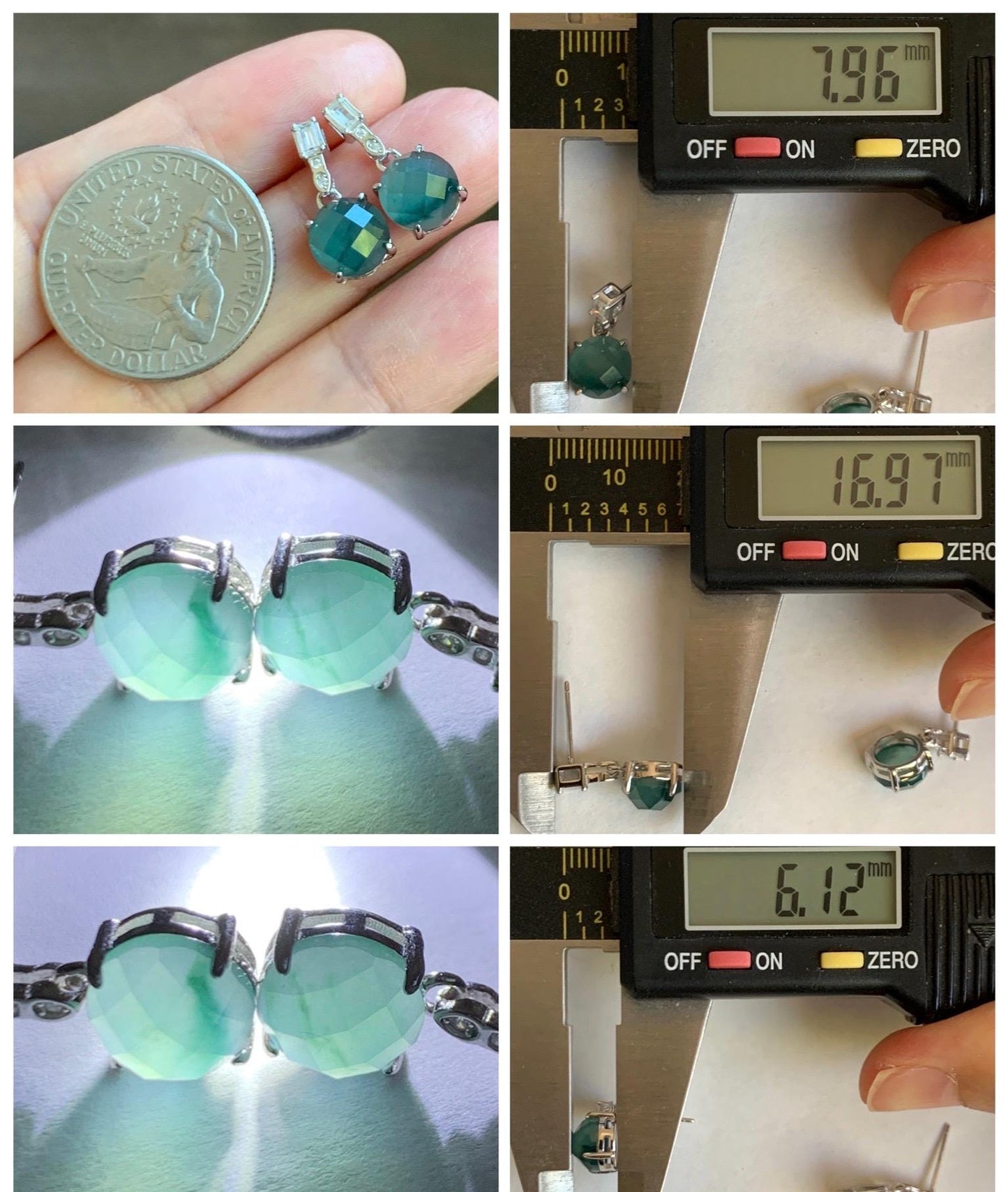 Natural Grade A Guatemalan Icy Translucent Dark Teal Blue Jadeite Faceted Round Dangle Stud Earrings Sterling Silver 天然冰危深蓝绿翡翠切割面银镶耳钉 LQG77A
