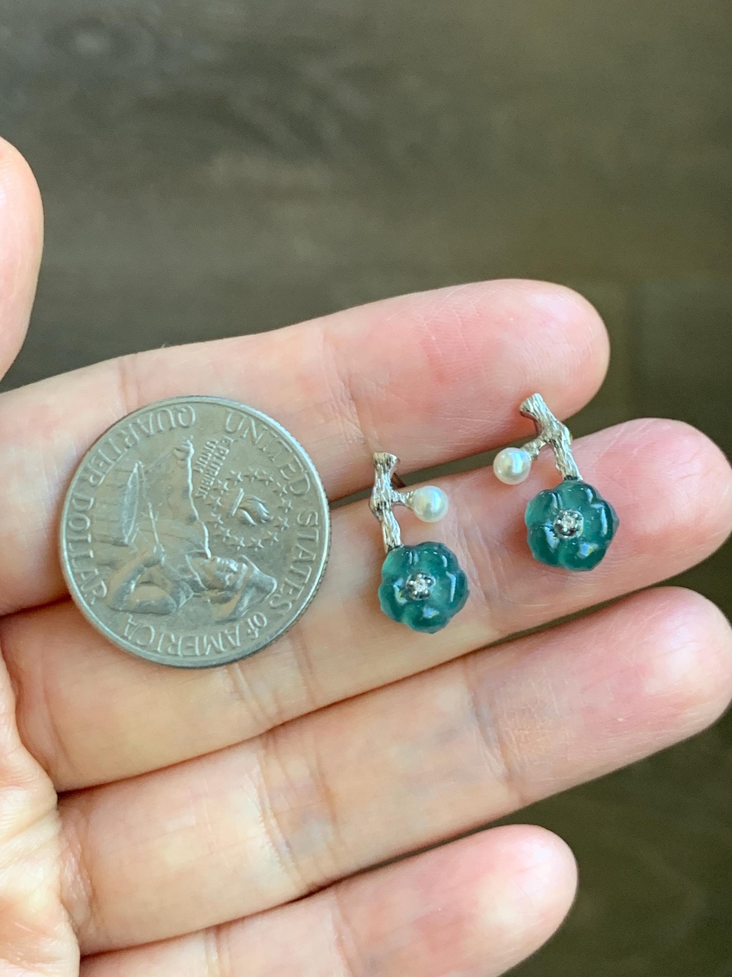 Natural Grade A Guatemalan Icy Translucent Teal Blue Jade Jadeite Cherry Blossom Stud Earrings Sterling Silver 天然冰危深蓝翡翠梅花银镶耳钉 XKMH120S