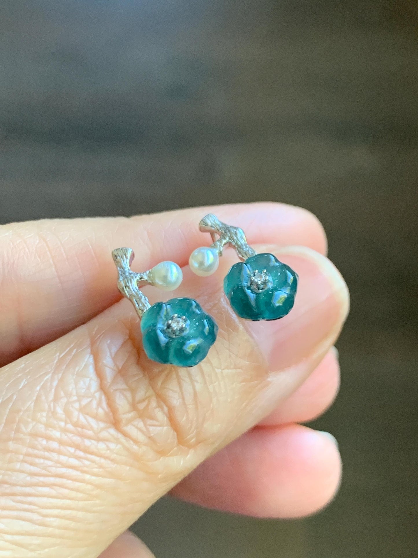 Natural Grade A Guatemalan Icy Translucent Teal Blue Jade Jadeite Cherry Blossom Stud Earrings Sterling Silver 天然冰危深蓝翡翠梅花银镶耳钉 XKMH120S