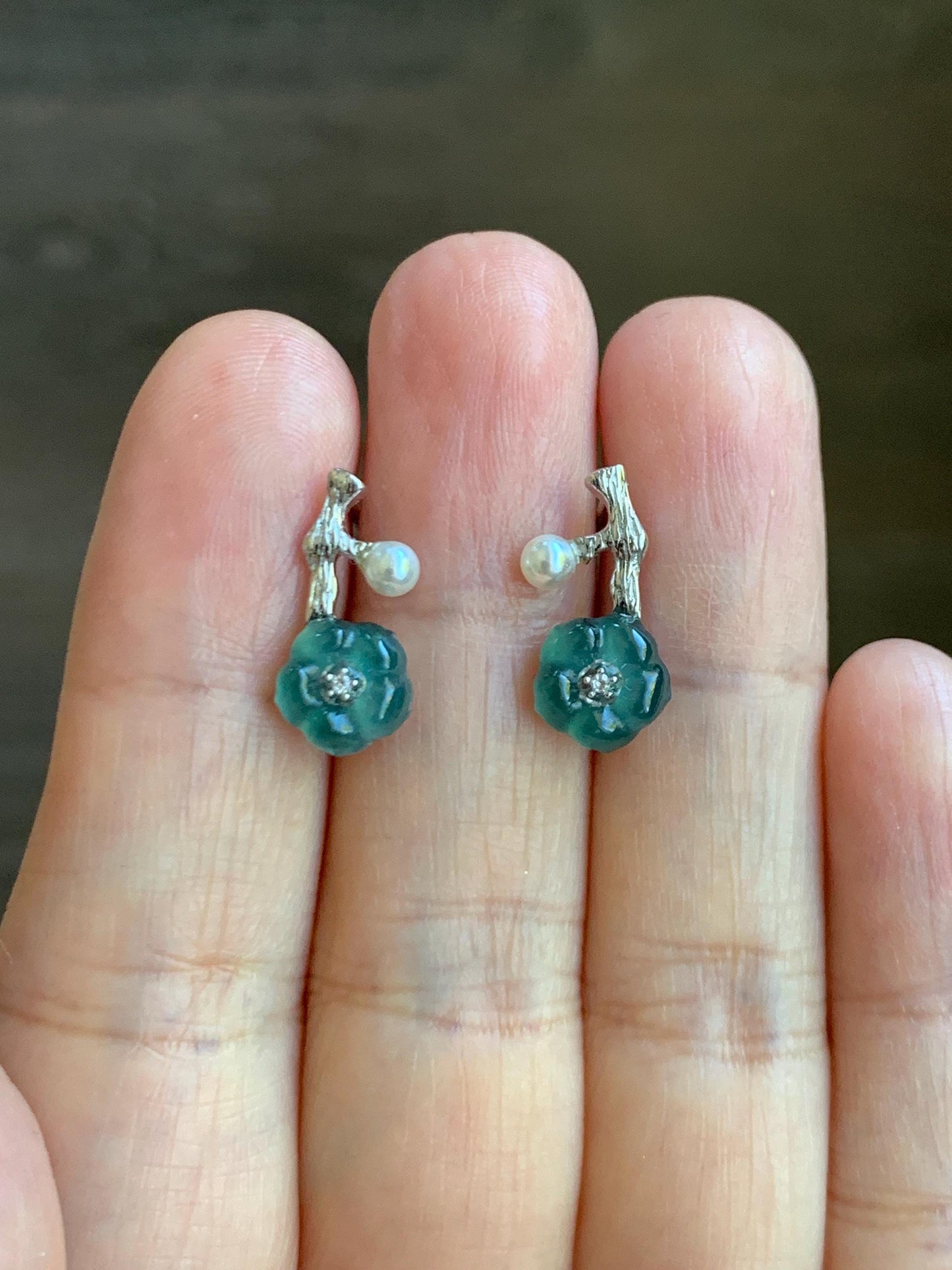 Natural Grade A Guatemalan Icy Translucent Teal Blue Jade Jadeite Cherry Blossom Stud Earrings Sterling Silver 天然冰危深蓝翡翠梅花银镶耳钉 XKMH120S