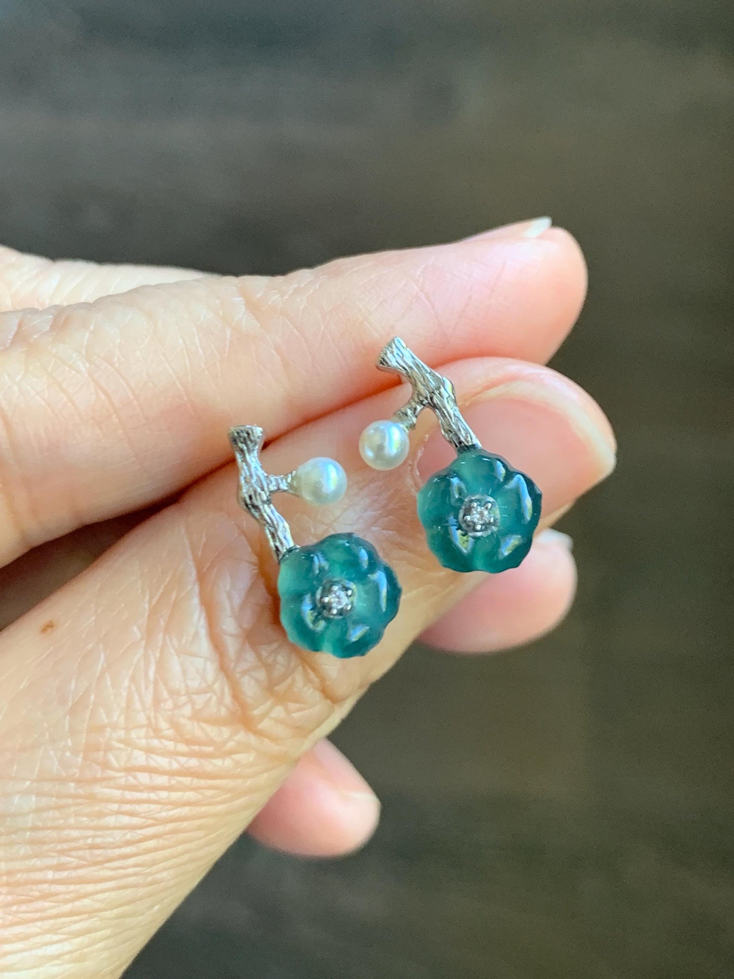 Natural Grade A Guatemalan Icy Translucent Teal Blue Jade Jadeite Cherry Blossom Stud Earrings Sterling Silver 天然冰危深蓝翡翠梅花银镶耳钉 XKMH120S