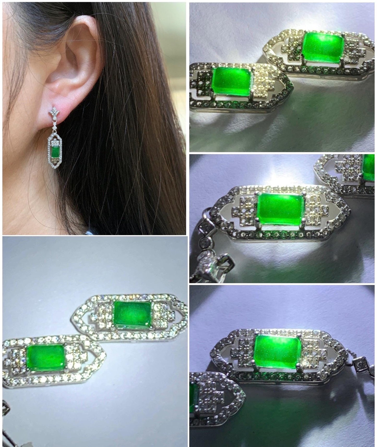 Natural Grade A Guatemalan Icy Translucent Vibrant Green Rectangle Jade Jadeite Art Deco Style Earrings Sterling Silver 天然冰危绿翡翠银镶耳钉 ADWL88