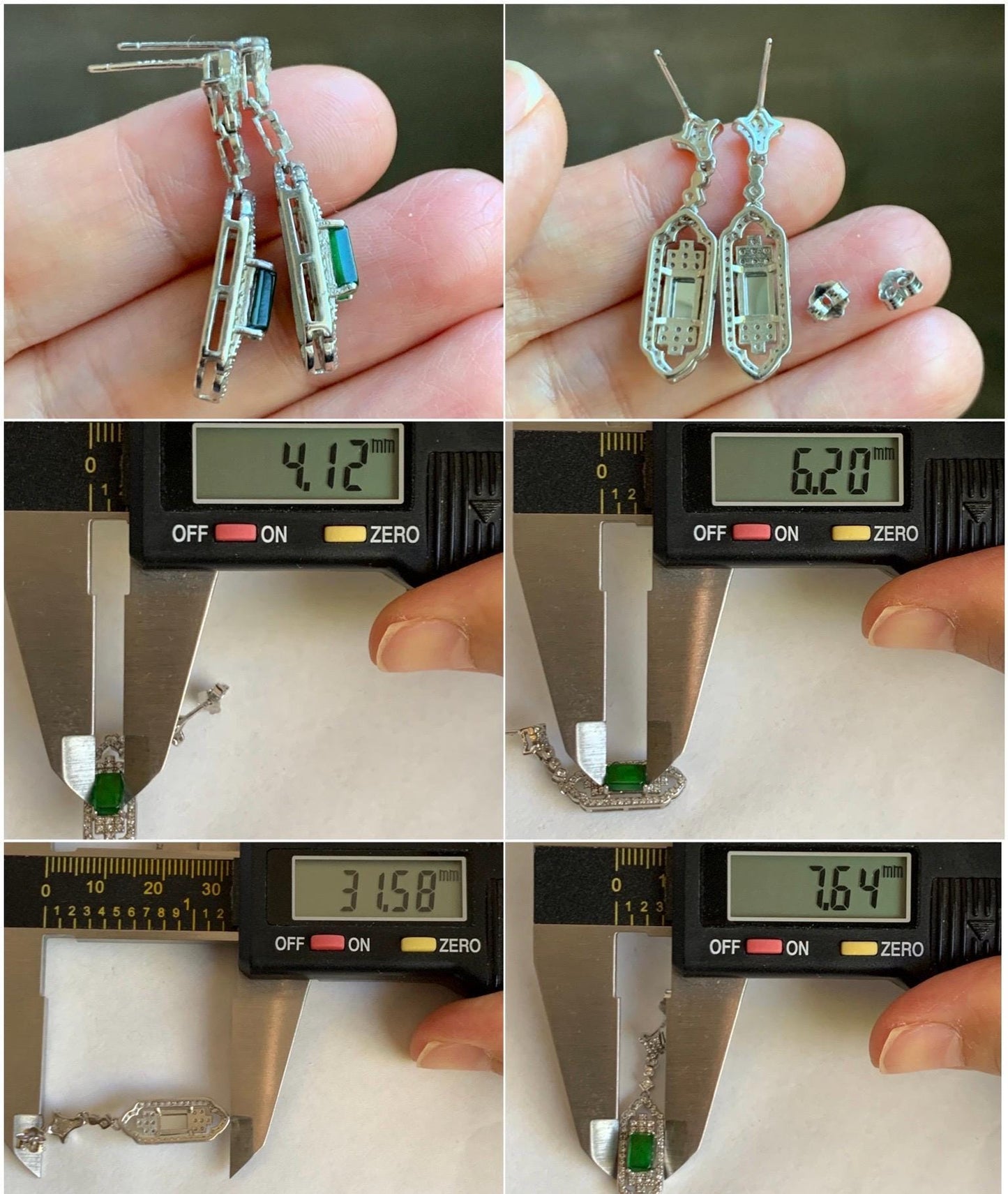 Natural Grade A Guatemalan Icy Translucent Vibrant Green Rectangle Jade Jadeite Art Deco Style Earrings Sterling Silver 天然冰危绿翡翠银镶耳钉 ADWL88