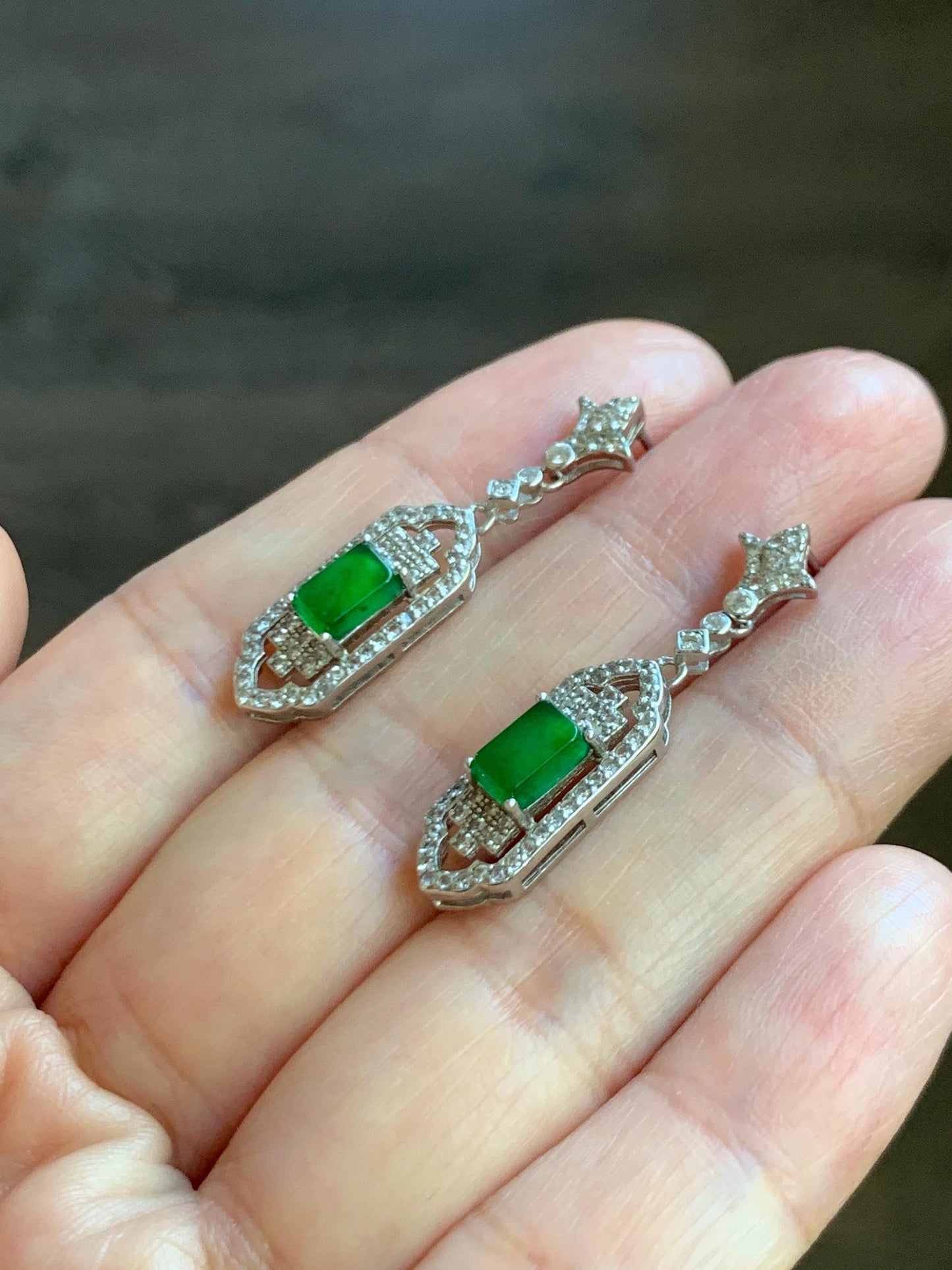 Natural Grade A Guatemalan Icy Translucent Vibrant Green Rectangle Jade Jadeite Art Deco Style Earrings Sterling Silver 天然冰危绿翡翠银镶耳钉 ADWL88