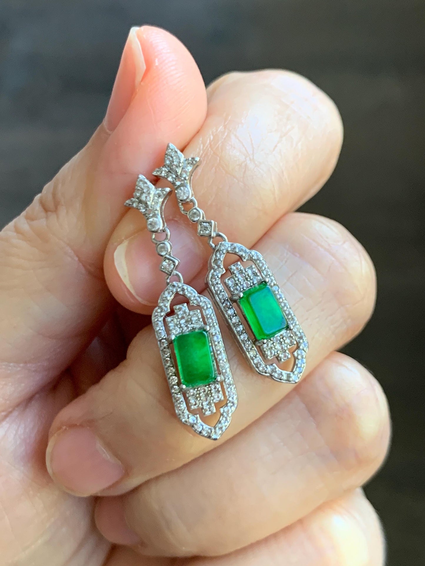 Natural Grade A Guatemalan Icy Translucent Vibrant Green Rectangle Jade Jadeite Art Deco Style Earrings Sterling Silver 天然冰危绿翡翠银镶耳钉 ADWL88