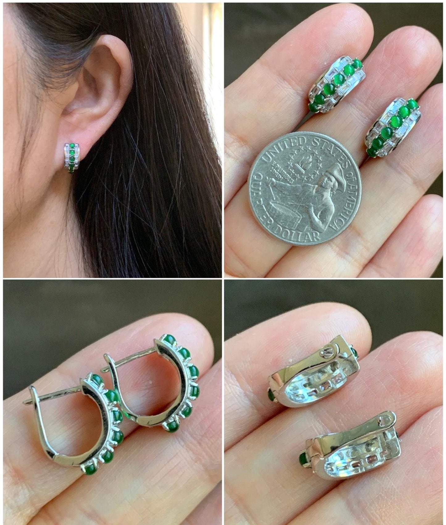 Natural Guatemalan Grade A Icy Highly Translucent Vibrant Green Jade Jadeite Hoop Huggie Earrings Sterling Silver 天然冰危绿起光翡翠银镶耳包 WLEB77