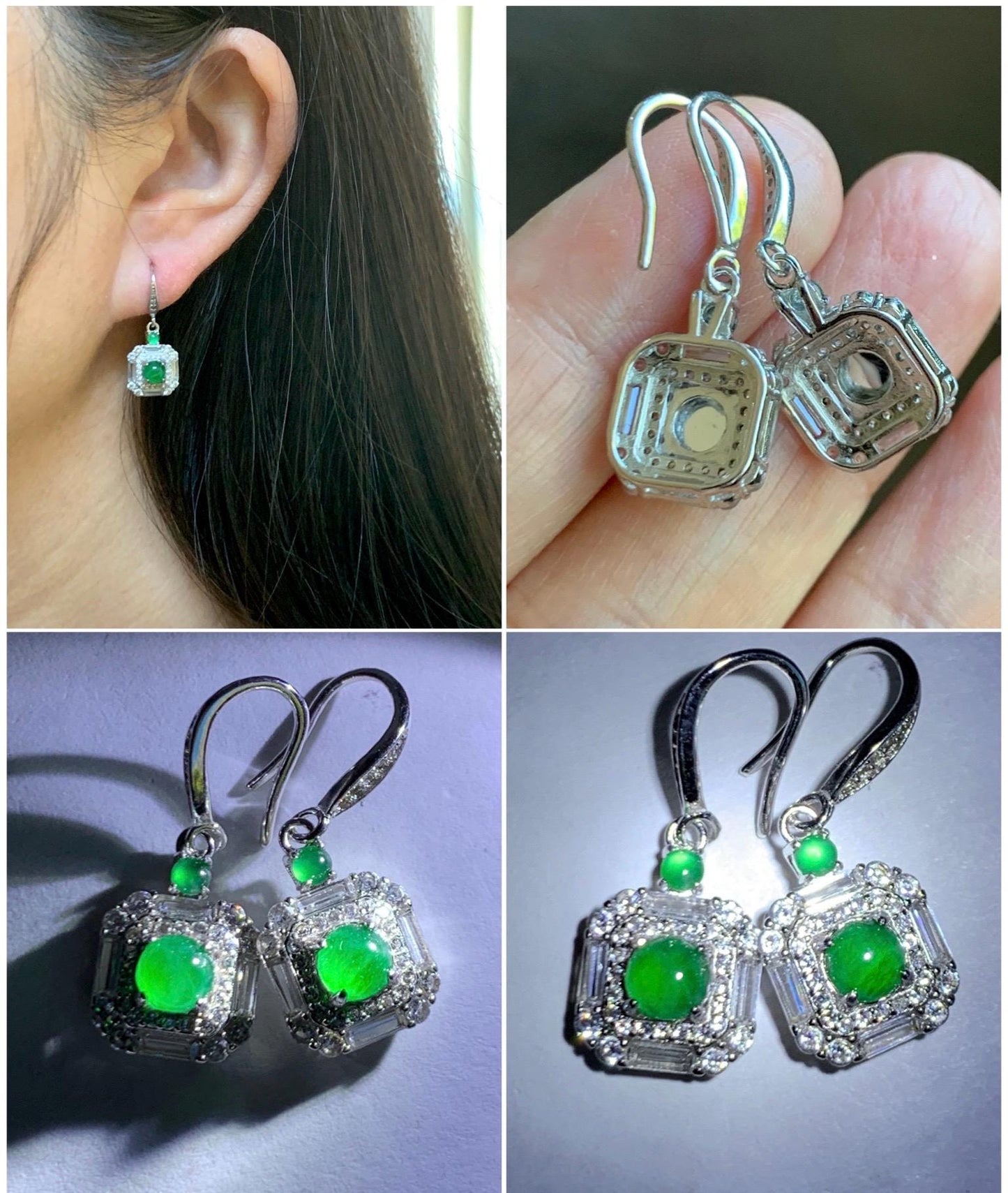 Natural Grade A Guatemalan Icy Translucent Vibrant Green Jade Jadeite Art Deco Style Dangle Earrings Sterling Silver 天然冰危绿翡翠银镶耳钩 ADED88