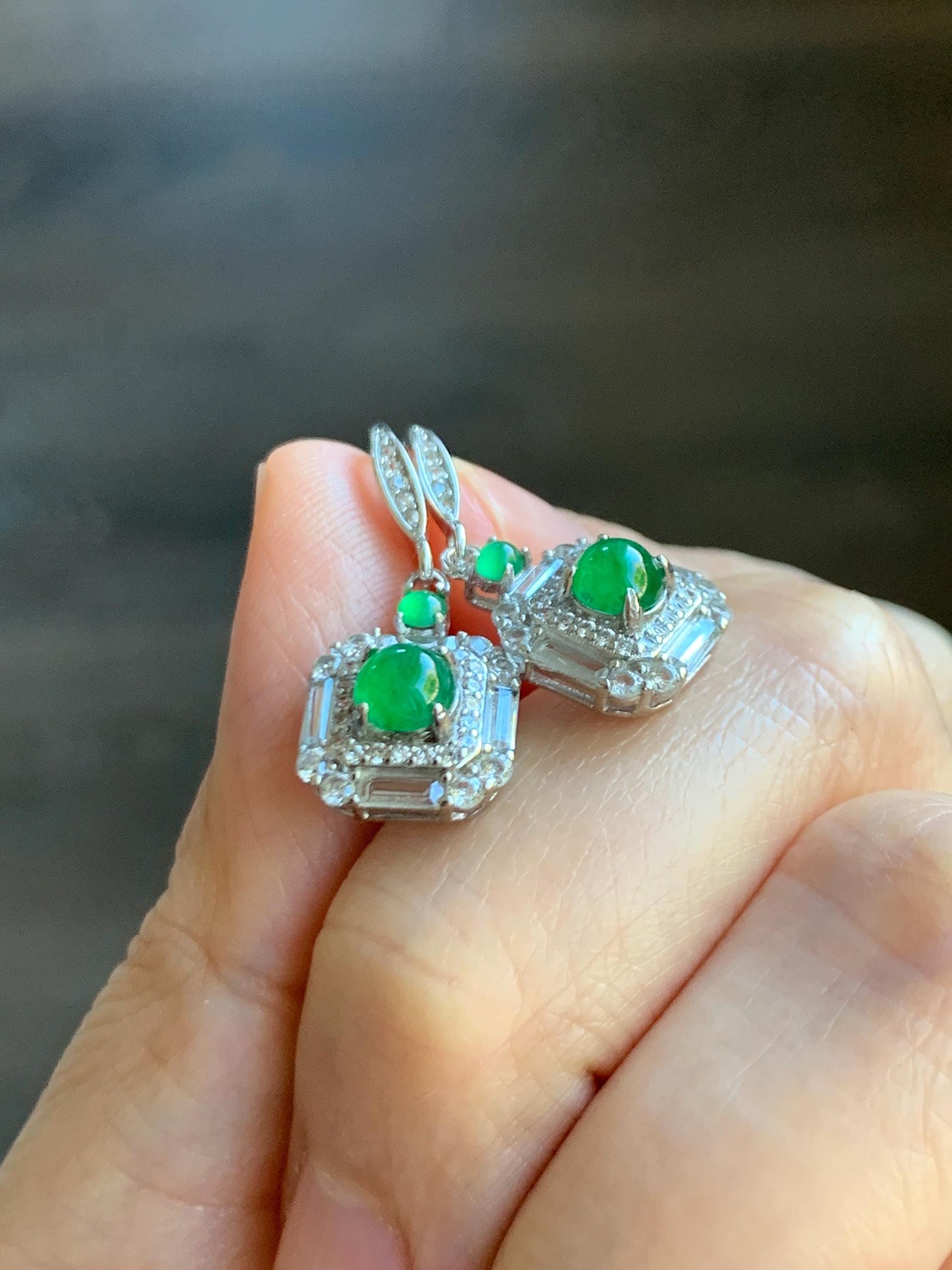Natural Grade A Guatemalan Icy Translucent Vibrant Green Jade Jadeite Art Deco Style Dangle Earrings Sterling Silver 天然冰危绿翡翠银镶耳钩 ADED88