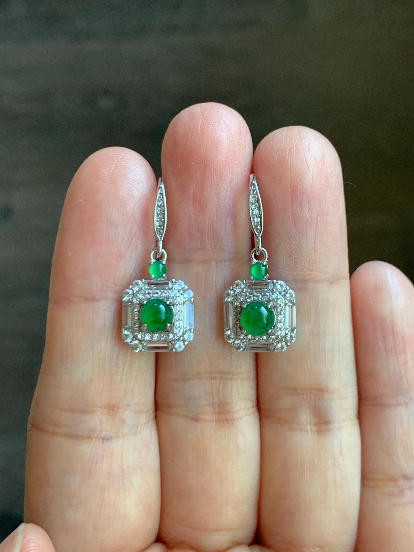 Natural Grade A Guatemalan Icy Translucent Vibrant Green Jade Jadeite Art Deco Style Dangle Earrings Sterling Silver 天然冰危绿翡翠银镶耳钩 ADED88