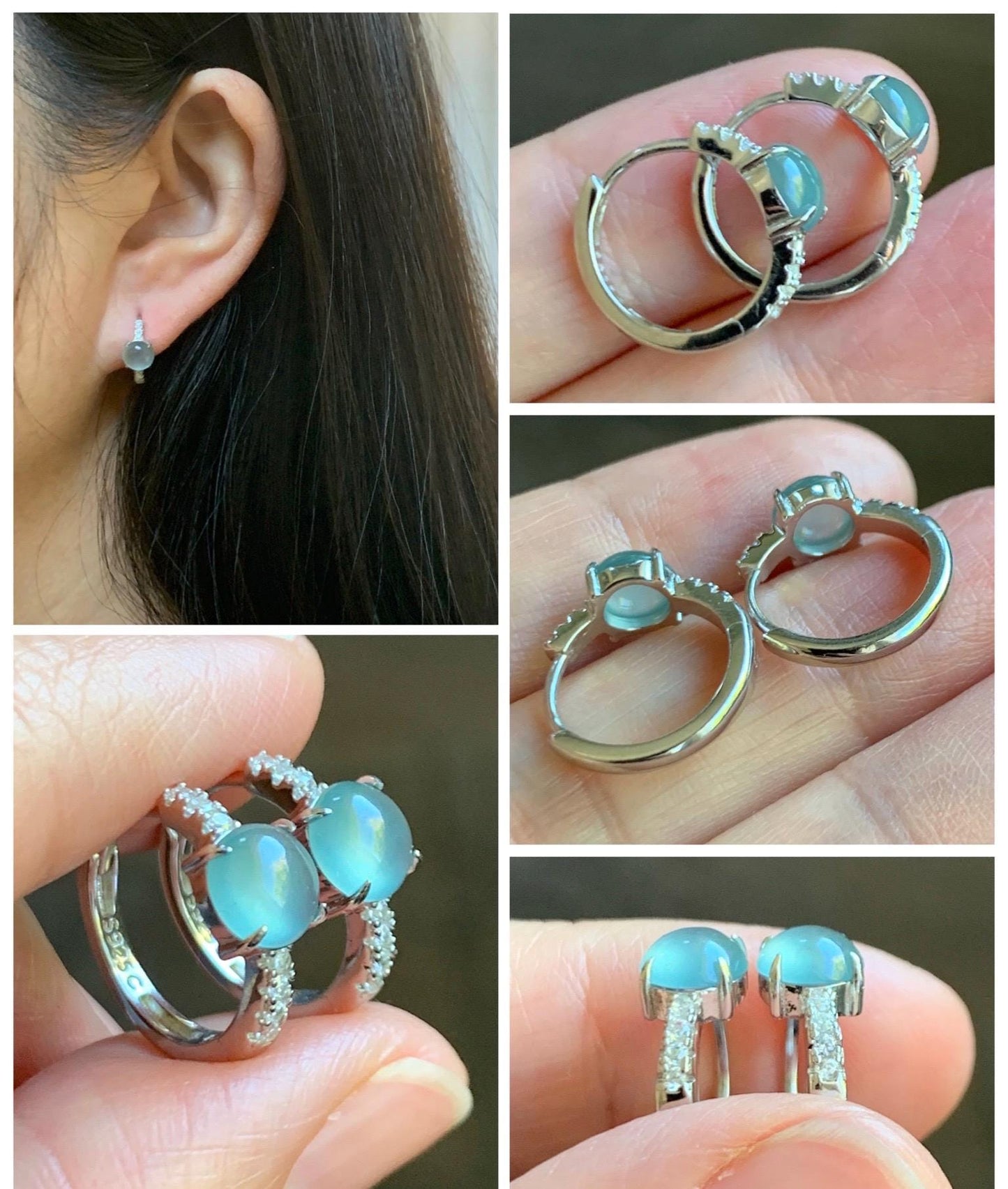 Natural Grade A Guatemalan Icy Highly Translucent Pastel Teal Blue Jade Jadeite Hoop Huggie Earrings Sterling Silver 天然冰危淡蓝翡翠银镶耳包 XLB77