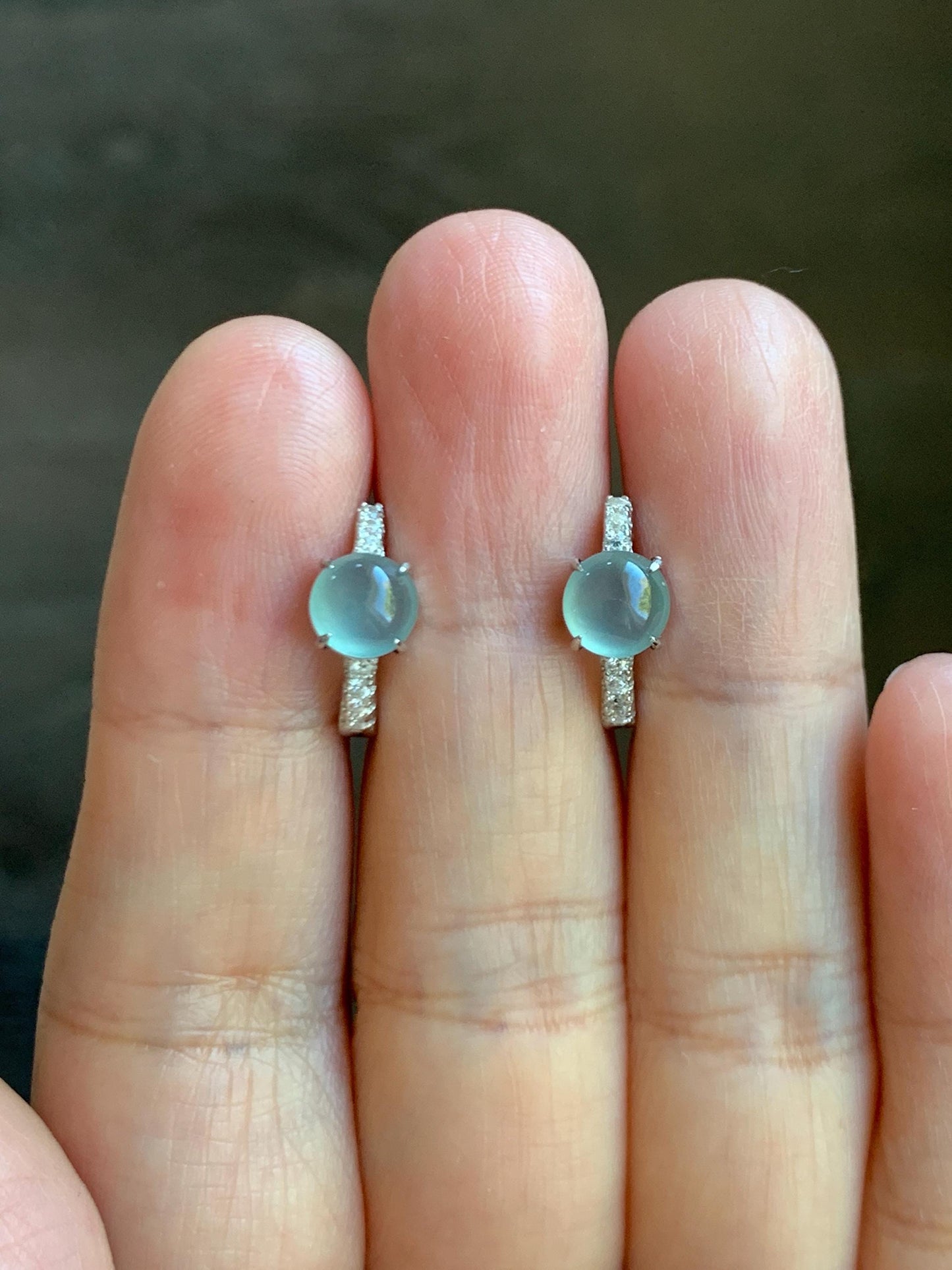 Natural Grade A Guatemalan Icy Highly Translucent Pastel Teal Blue Jade Jadeite Hoop Huggie Earrings Sterling Silver 天然冰危淡蓝翡翠银镶耳包 XLB77