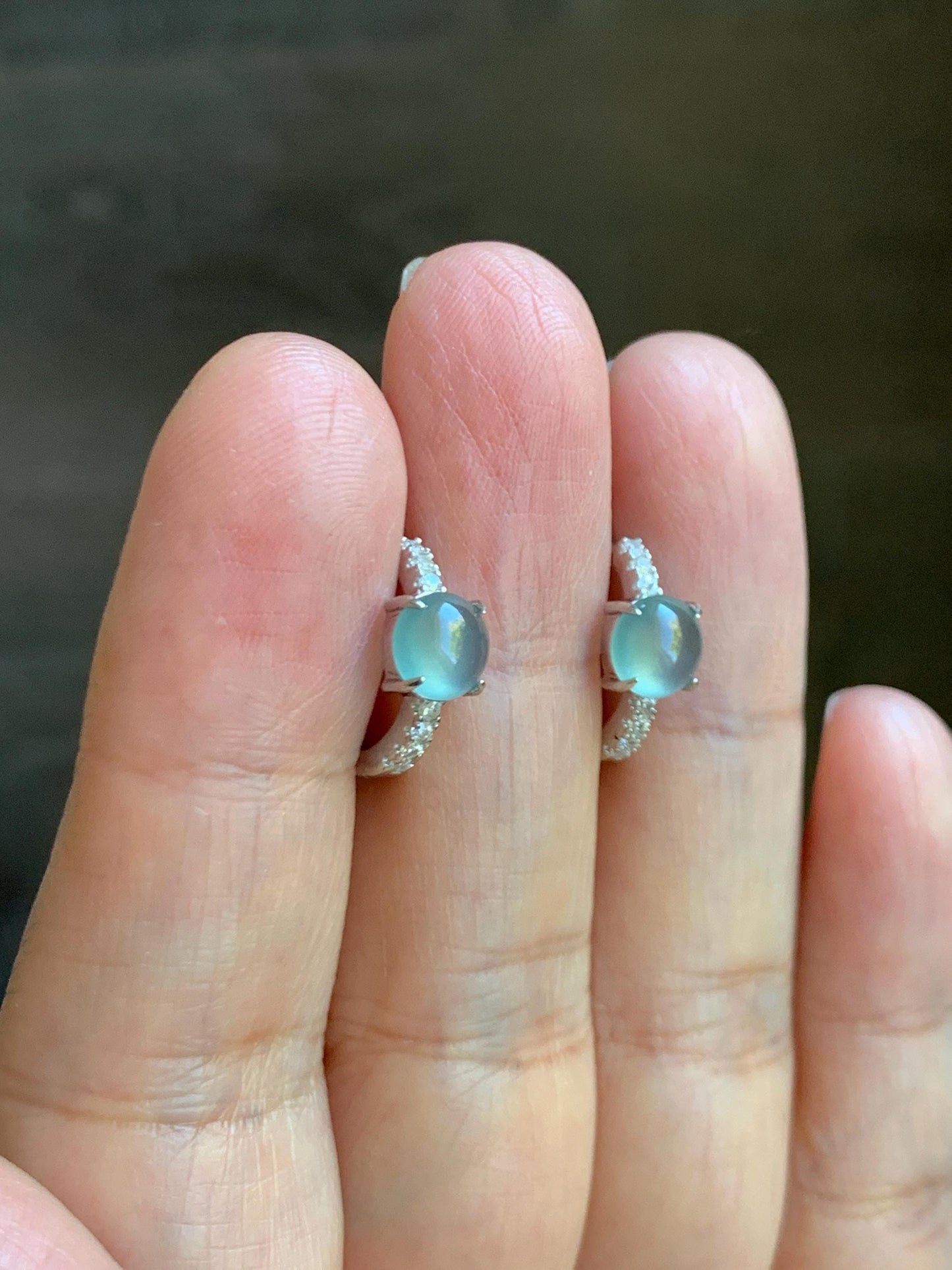 Natural Grade A Guatemalan Icy Highly Translucent Pastel Teal Blue Jade Jadeite Hoop Huggie Earrings Sterling Silver 天然冰危淡蓝翡翠银镶耳包 XLB77