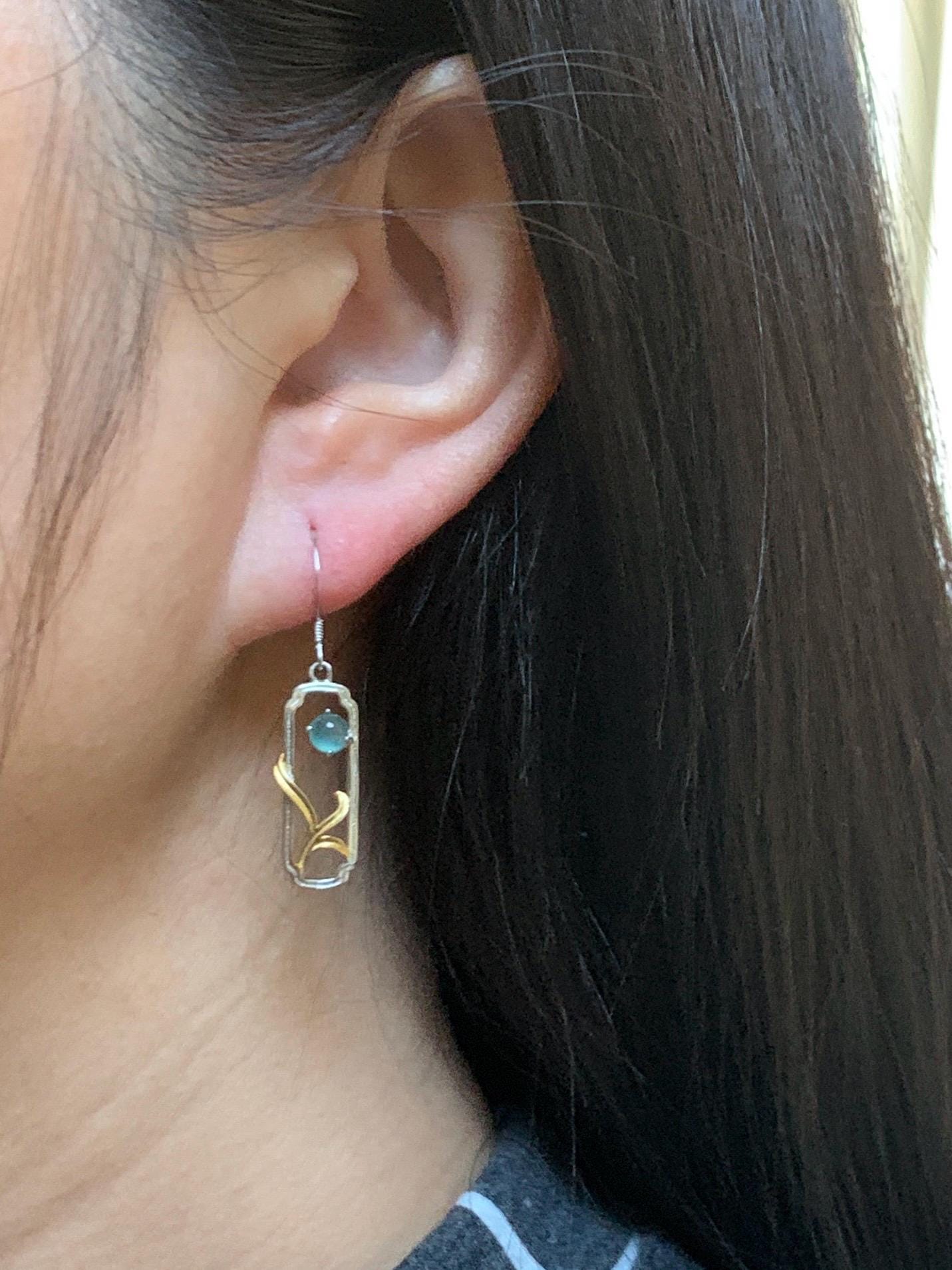 Natural Grade A Guatemalan Icy Highly Translucent Pastel Teal Blue Jade Jadeite Dangle Earrings Sterling Silver 天然冰危淡蓝翡翠银镶耳钩 XED77