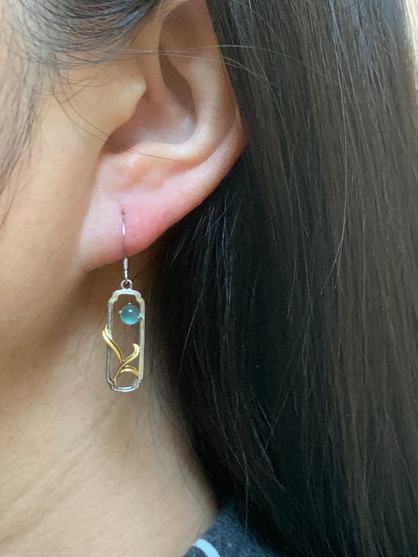 Natural Grade A Guatemalan Icy Highly Translucent Pastel Teal Blue Jade Jadeite Dangle Earrings Sterling Silver 天然冰危淡蓝翡翠银镶耳钩 XED77