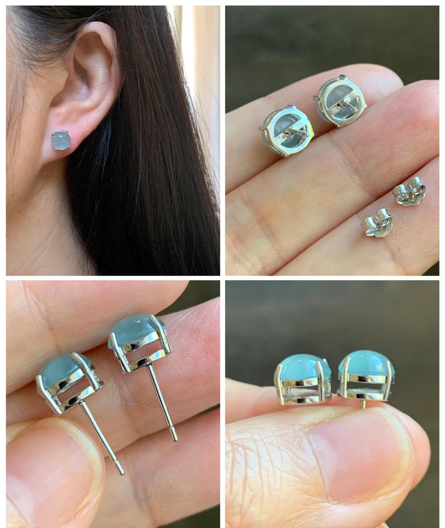 Natural Grade A Guatemalan Icy Highly Translucent Pastel Teal Blue Jade Jadeite Solitaire Stud Earrings Sterling Silver 天然冰危淡蓝翡翠银镶耳钉 DLED68