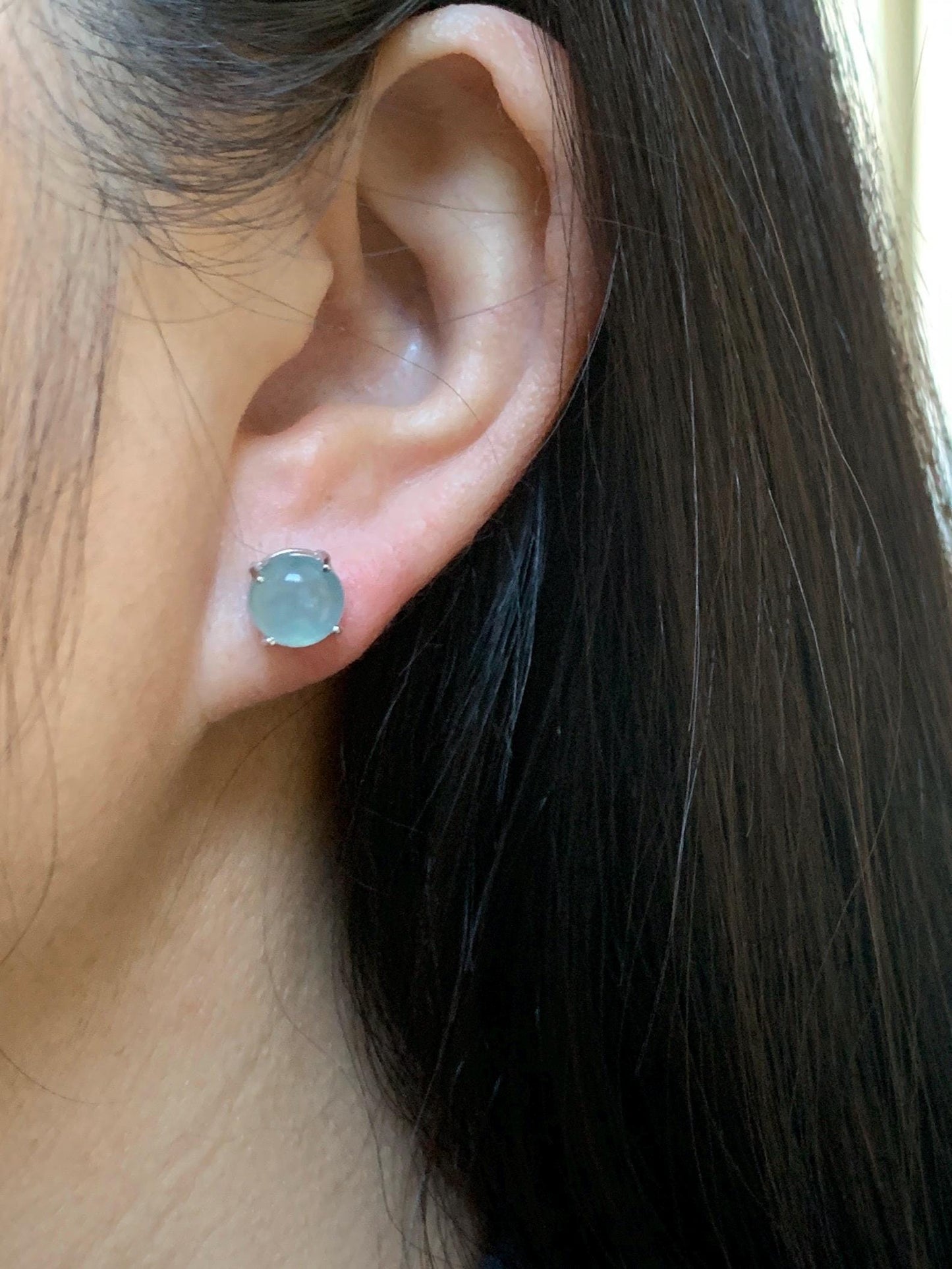 Natural Grade A Guatemalan Icy Highly Translucent Pastel Teal Blue Jade Jadeite Solitaire Stud Earrings Sterling Silver 天然冰危淡蓝翡翠银镶耳钉 DLED68