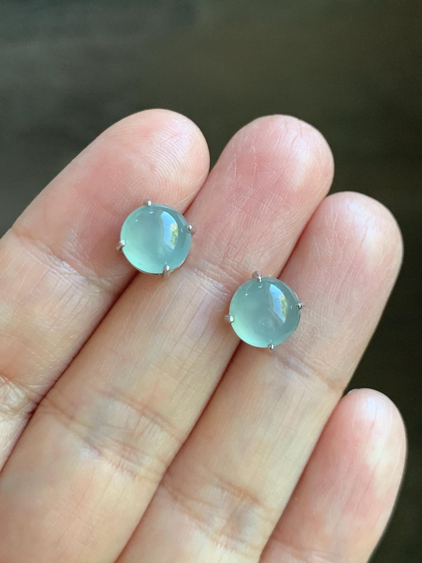 Natural Grade A Guatemalan Icy Highly Translucent Pastel Teal Blue Jade Jadeite Solitaire Stud Earrings Sterling Silver 天然冰危淡蓝翡翠银镶耳钉 DLED68