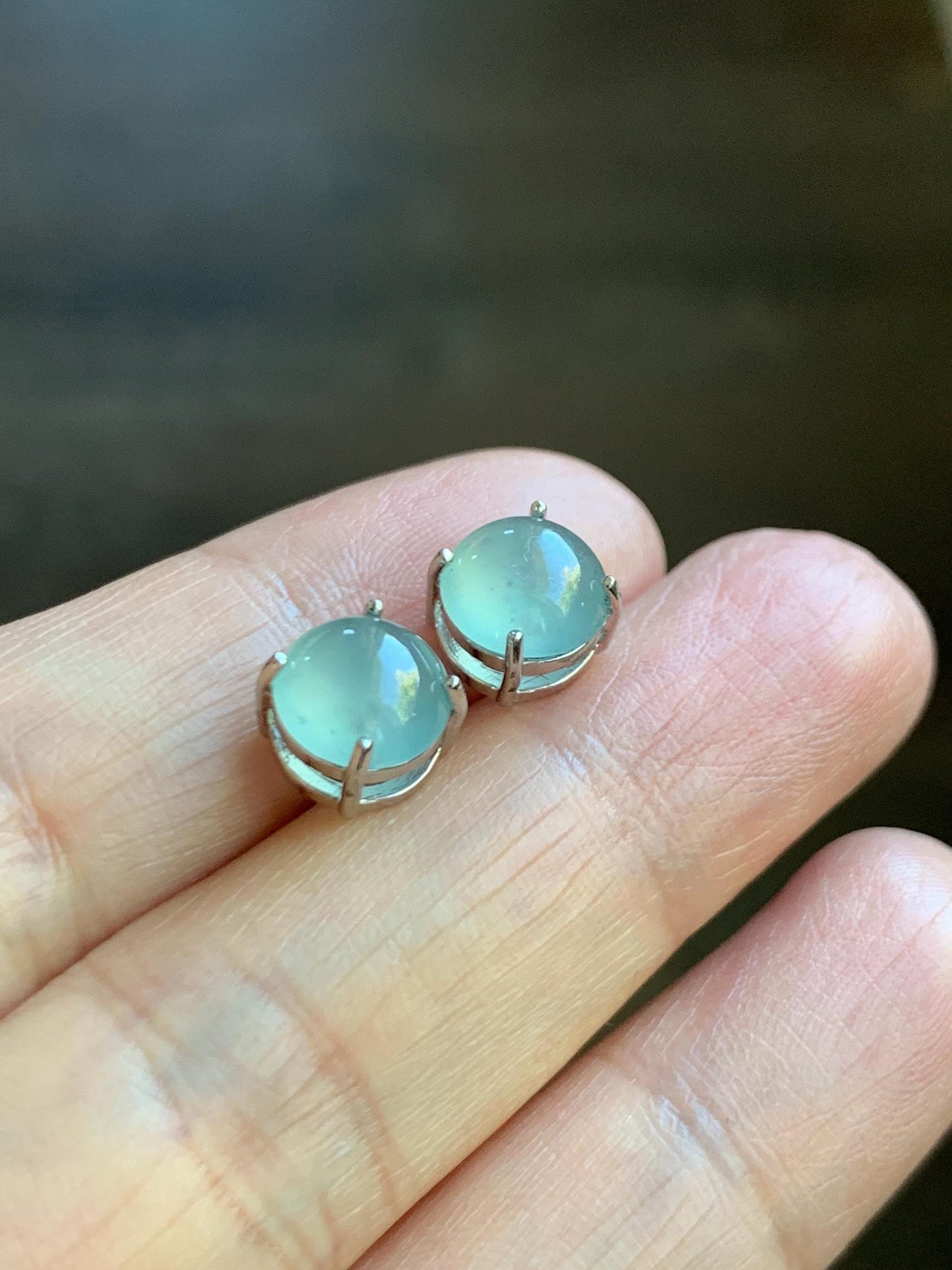 Natural Grade A Guatemalan Icy Highly Translucent Pastel Teal Blue Jade Jadeite Solitaire Stud Earrings Sterling Silver 天然冰危淡蓝翡翠银镶耳钉 DLED68
