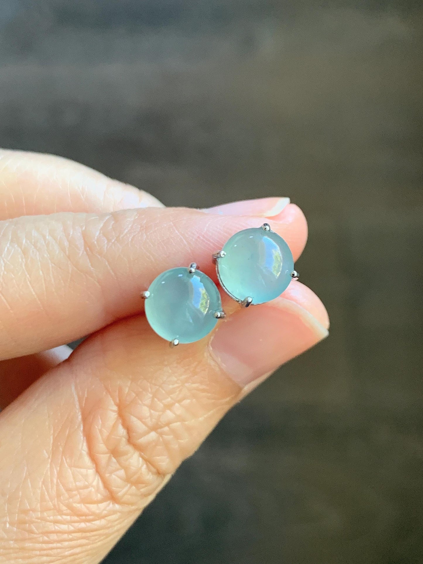 Natural Grade A Guatemalan Icy Highly Translucent Pastel Teal Blue Jade Jadeite Solitaire Stud Earrings Sterling Silver 天然冰危淡蓝翡翠银镶耳钉 DLED68