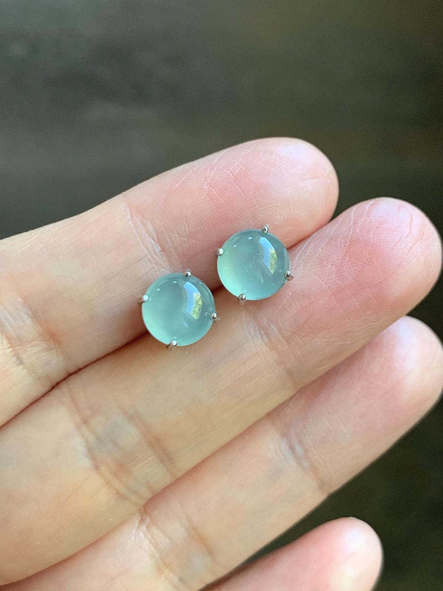 Natural Grade A Guatemalan Icy Highly Translucent Pastel Teal Blue Jade Jadeite Solitaire Stud Earrings Sterling Silver 天然冰危淡蓝翡翠银镶耳钉 DLED68