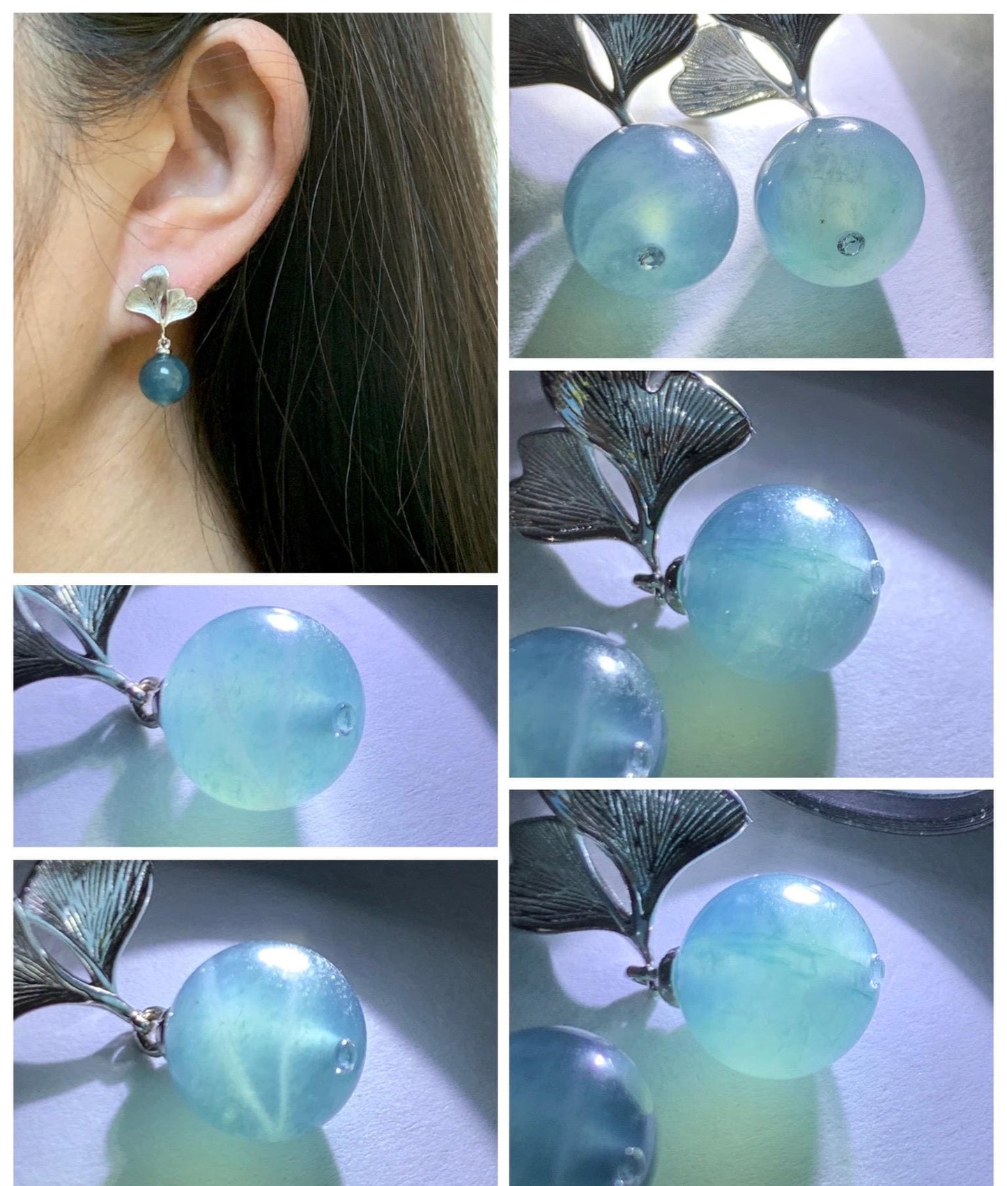 Natural Guatemalan Icy Highly Translucent Light Aegean Blue Jade Jadeite Beads Ginkgo Leaf Earrings Sterling Silver 天然冰危牛仔蓝翡翠珠银杏叶耳钉 LZDZ11