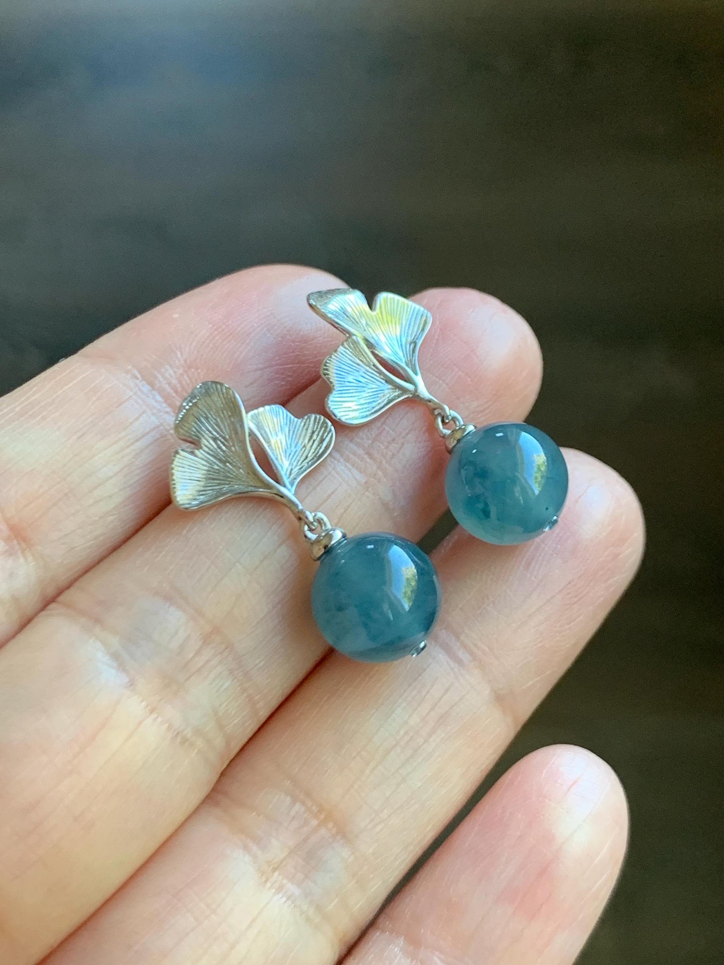 Natural Guatemalan Icy Highly Translucent Light Aegean Blue Jade Jadeite Beads Ginkgo Leaf Earrings Sterling Silver 天然冰危牛仔蓝翡翠珠银杏叶耳钉 LZDZ11