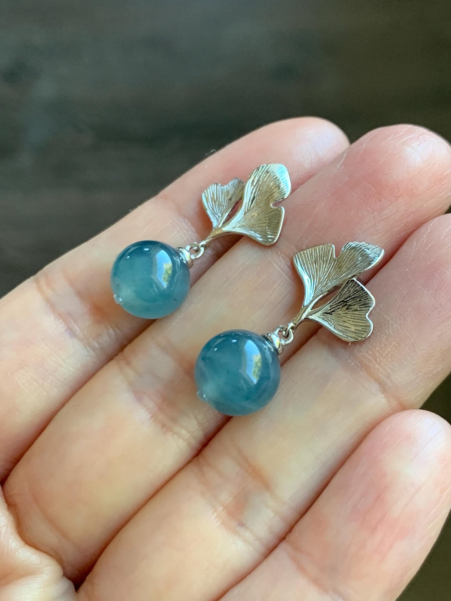 Natural Guatemalan Icy Highly Translucent Light Aegean Blue Jade Jadeite Beads Ginkgo Leaf Earrings Sterling Silver 天然冰危牛仔蓝翡翠珠银杏叶耳钉 LZDZ11