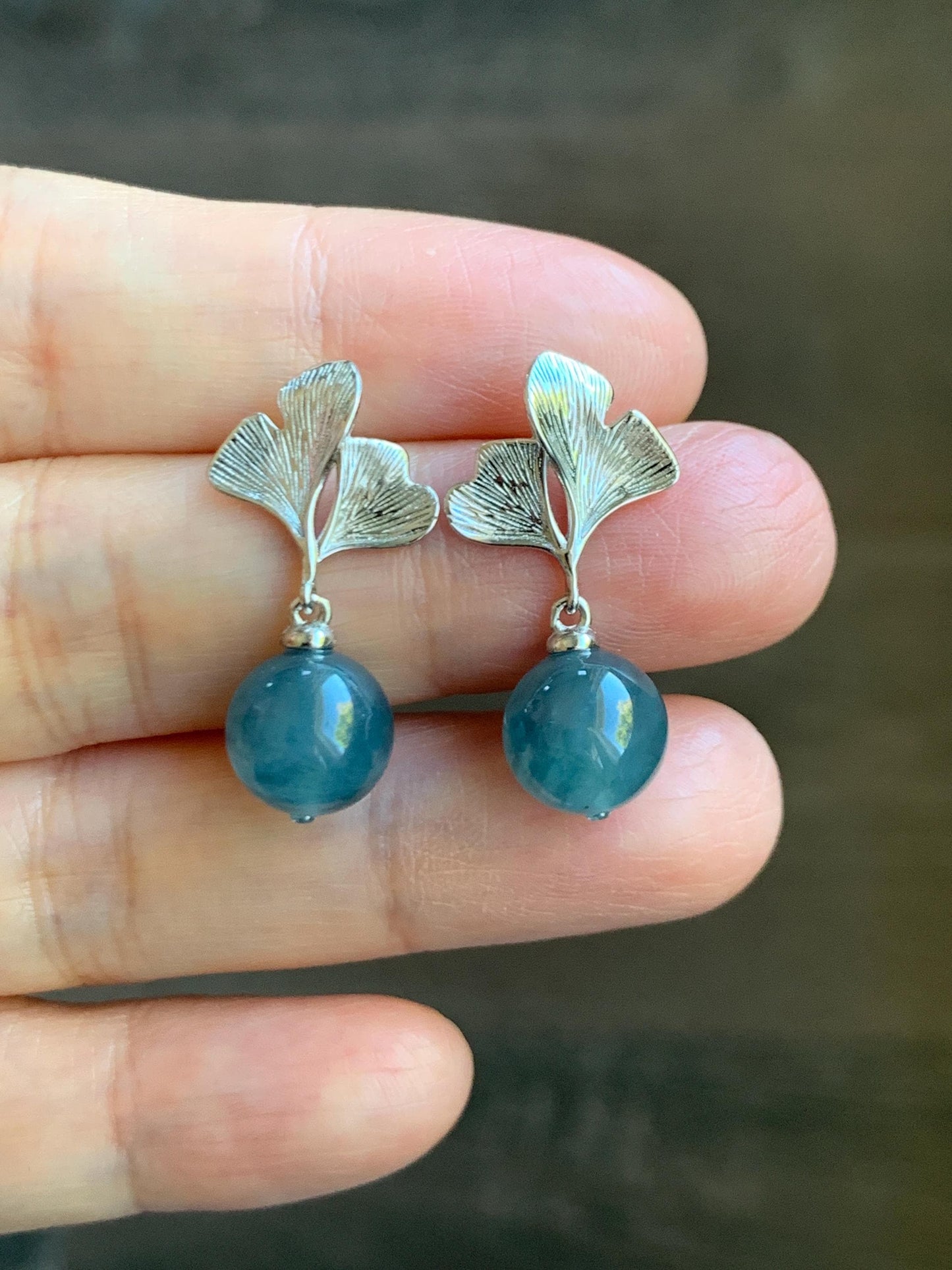 Natural Guatemalan Icy Highly Translucent Light Aegean Blue Jade Jadeite Beads Ginkgo Leaf Earrings Sterling Silver 天然冰危牛仔蓝翡翠珠银杏叶耳钉 LZDZ11