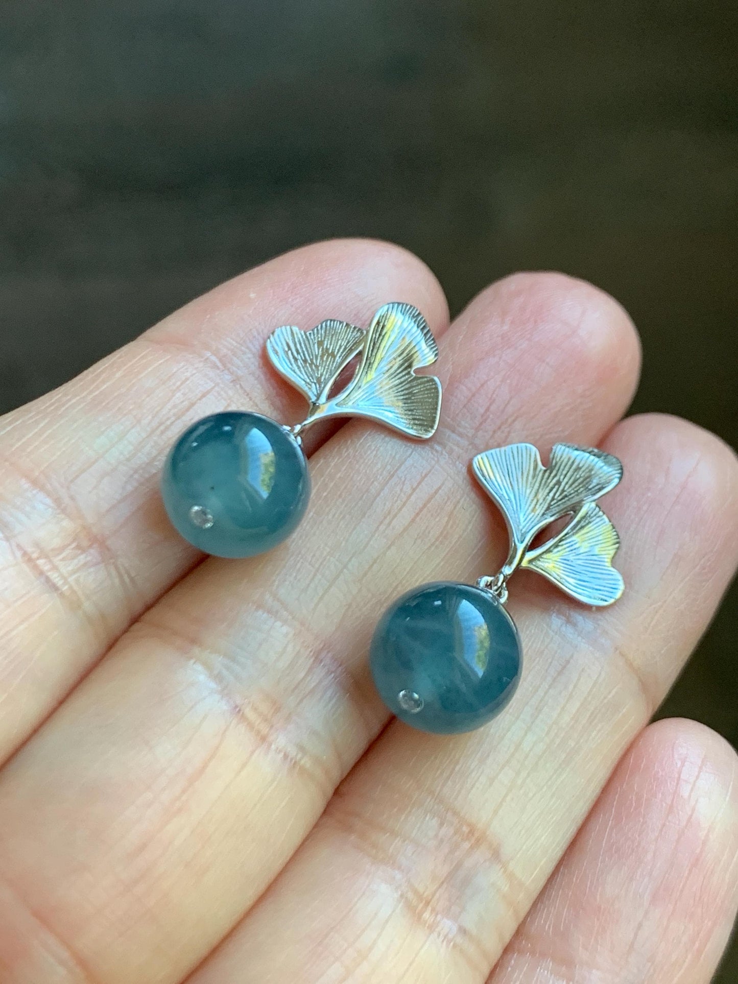 Natural Guatemalan Icy Highly Translucent Light Aegean Blue Jade Jadeite Beads Ginkgo Leaf Earrings Sterling Silver 天然冰危牛仔蓝翡翠珠银杏叶耳钉 LZDZ11