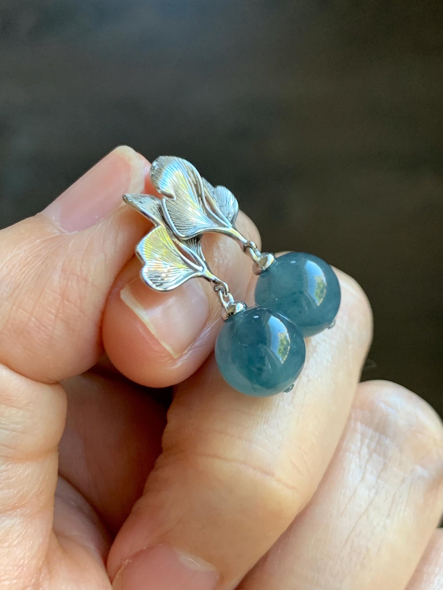 Natural Guatemalan Icy Highly Translucent Light Aegean Blue Jade Jadeite Beads Ginkgo Leaf Earrings Sterling Silver 天然冰危牛仔蓝翡翠珠银杏叶耳钉 LZDZ11