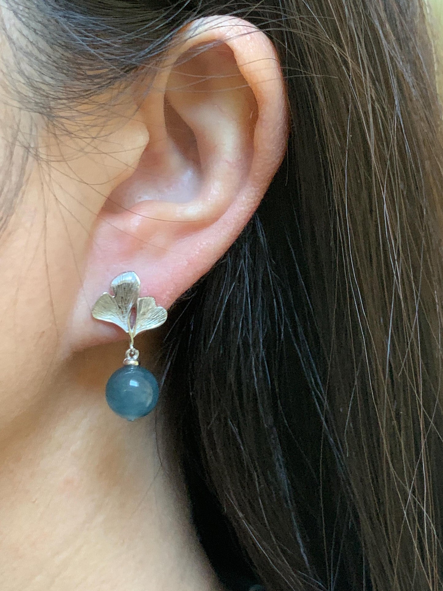 Natural Guatemalan Icy Highly Translucent Light Aegean Blue Jade Jadeite Beads Ginkgo Leaf Earrings Sterling Silver 天然冰危牛仔蓝翡翠珠银杏叶耳钉 LZDZ11