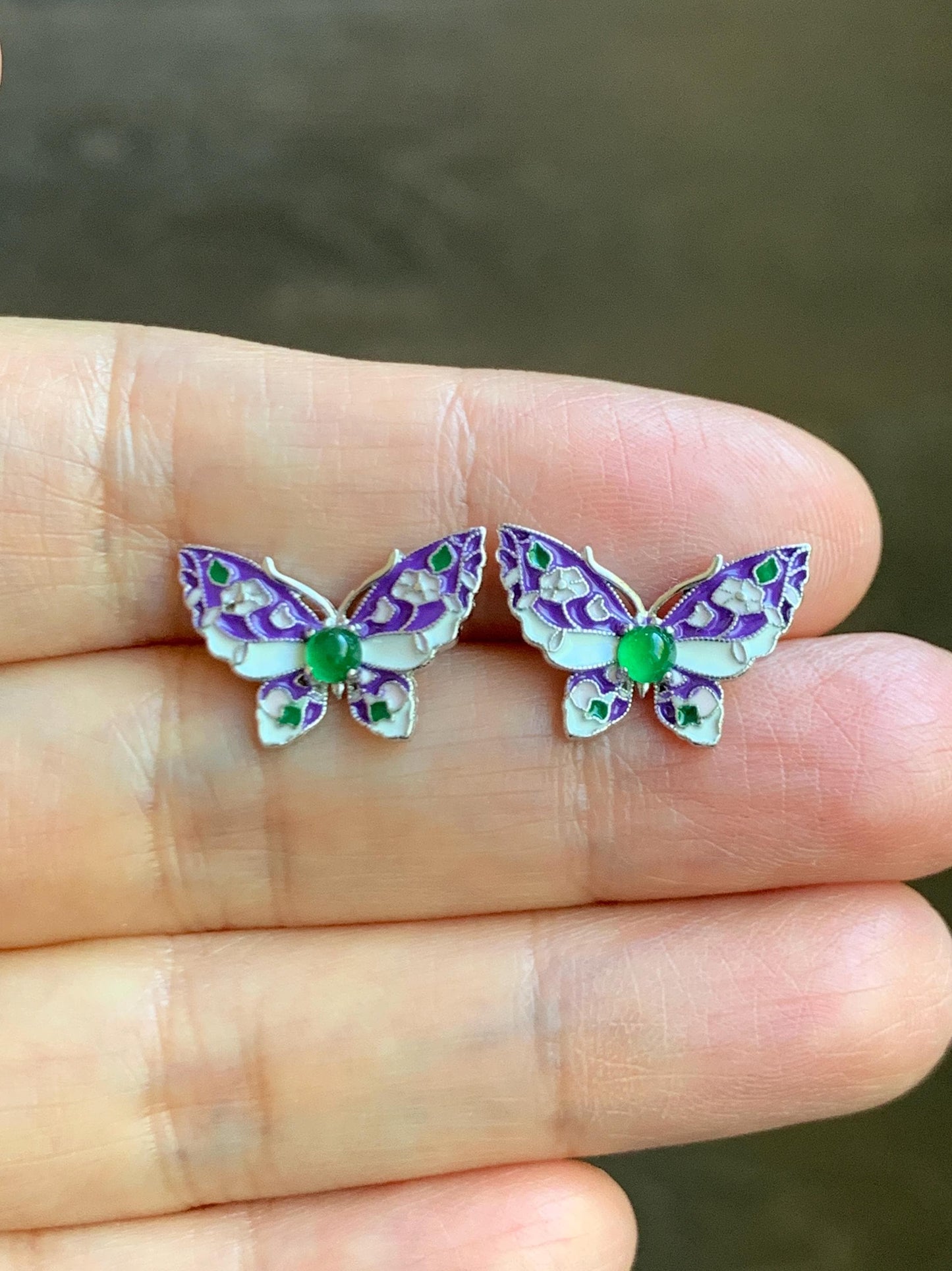 Natural Grade A Guatemalan Icy Translucent Vibrant Green Jade Jadeite Butterfly Enamel Earrings Sterling Silver 天然冰危绿翡翠银镶蝴蝶烤漆耳钉 KQHY66