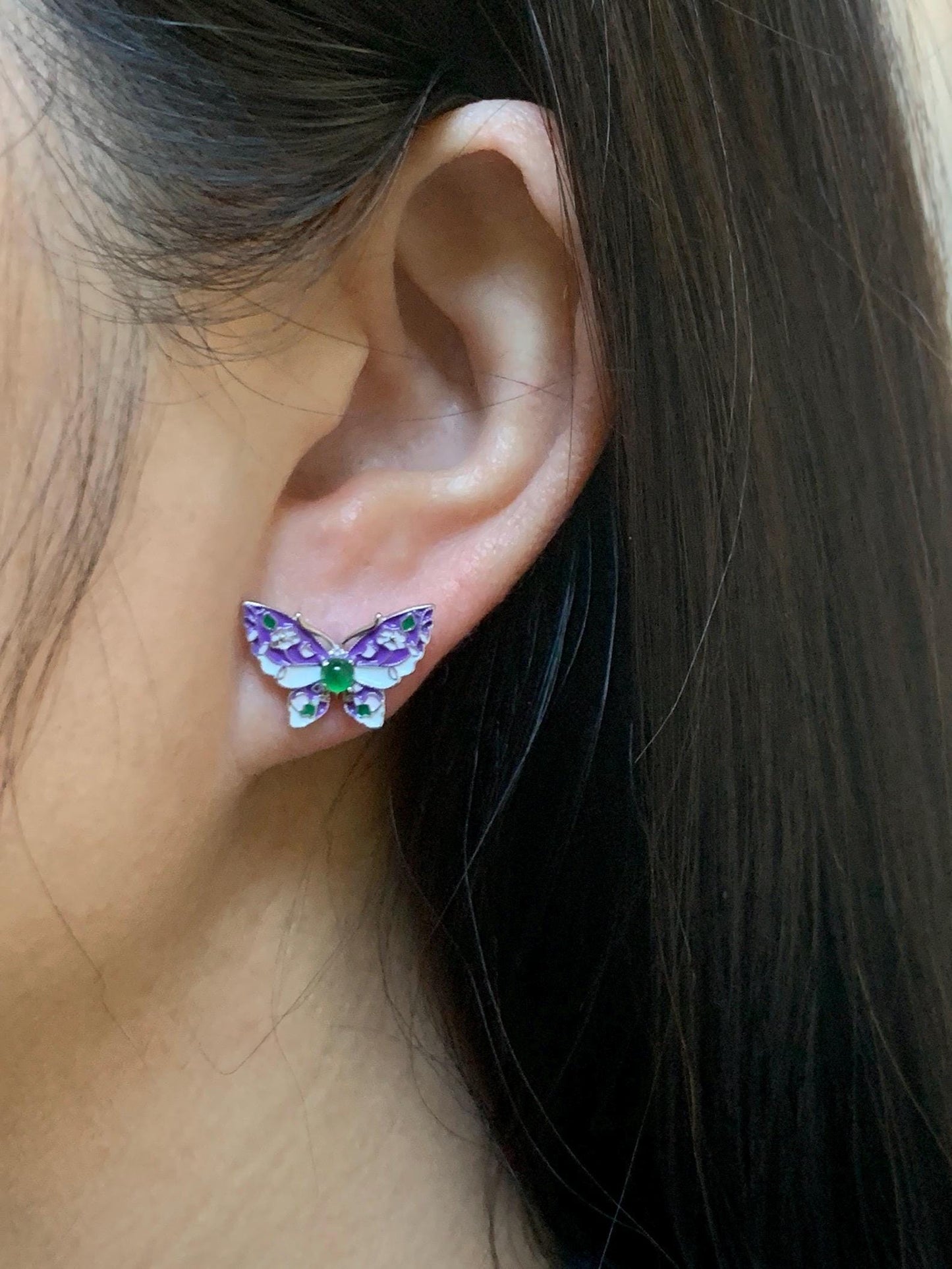 Natural Grade A Guatemalan Icy Translucent Vibrant Green Jade Jadeite Butterfly Enamel Earrings Sterling Silver 天然冰危绿翡翠银镶蝴蝶烤漆耳钉 KQHY66