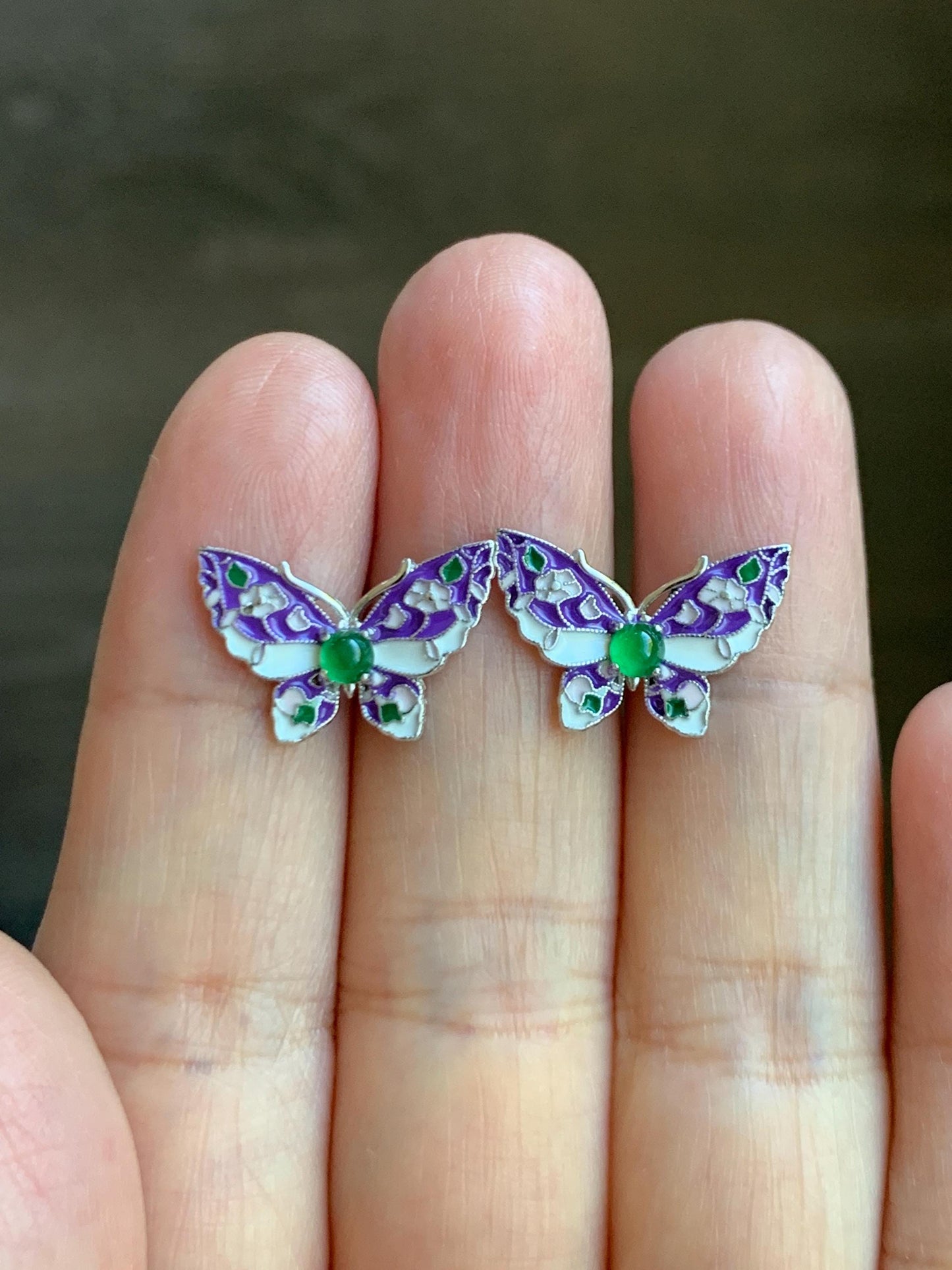 Natural Grade A Guatemalan Icy Translucent Vibrant Green Jade Jadeite Butterfly Enamel Earrings Sterling Silver 天然冰危绿翡翠银镶蝴蝶烤漆耳钉 KQHY66
