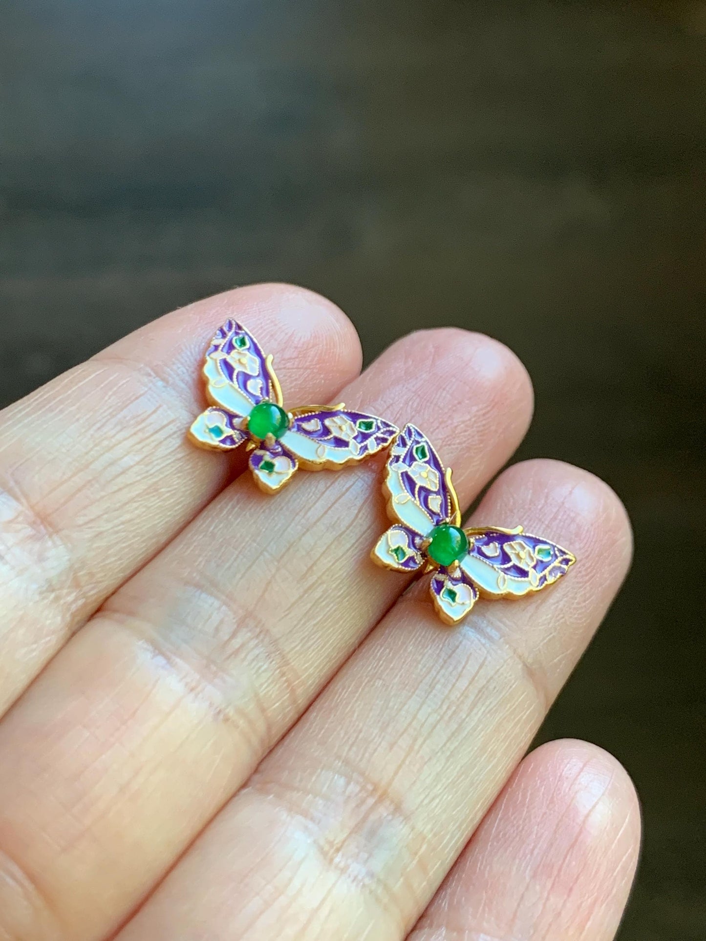 Natural Grade A Guatemalan Icy Translucent Vibrant Green Jade Jadeite Butterfly Enamel Earrings Sterling Silver 天然冰危绿翡翠银镶蝴蝶烤漆耳钉 KQHJ66