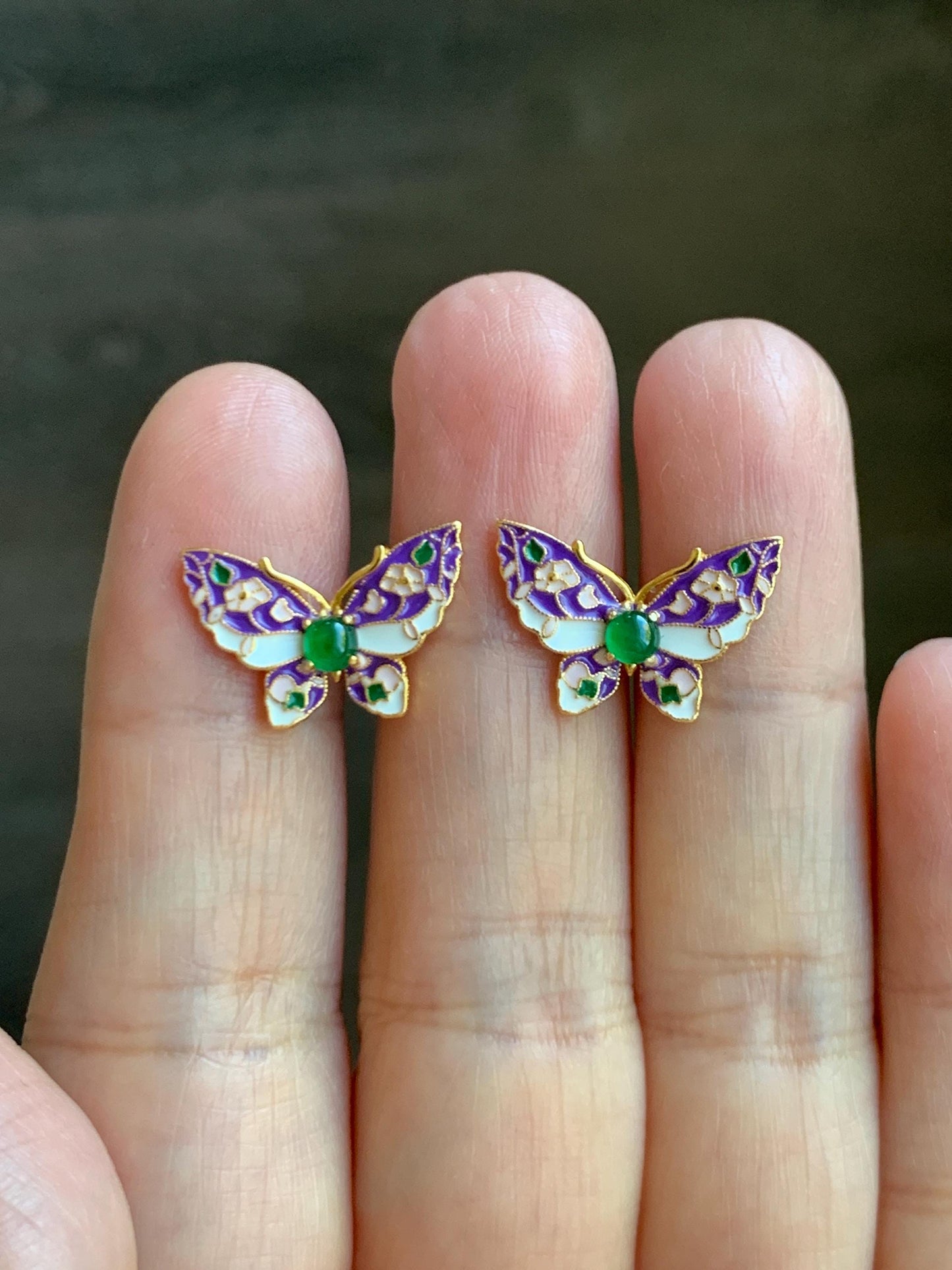 Natural Grade A Guatemalan Icy Translucent Vibrant Green Jade Jadeite Butterfly Enamel Earrings Sterling Silver 天然冰危绿翡翠银镶蝴蝶烤漆耳钉 KQHJ66