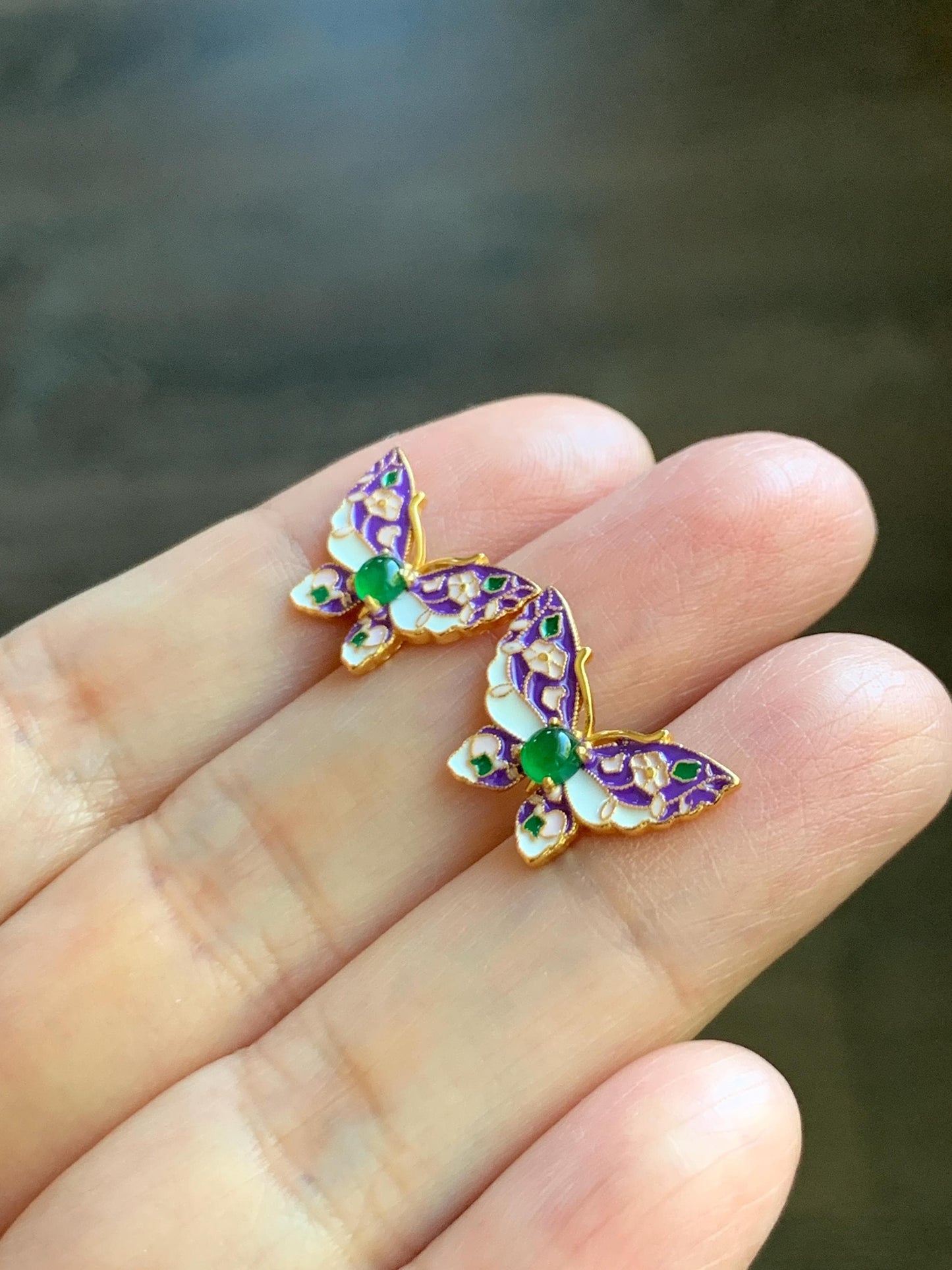 Natural Grade A Guatemalan Icy Translucent Vibrant Green Jade Jadeite Butterfly Enamel Earrings Sterling Silver 天然冰危绿翡翠银镶蝴蝶烤漆耳钉 KQHJ66