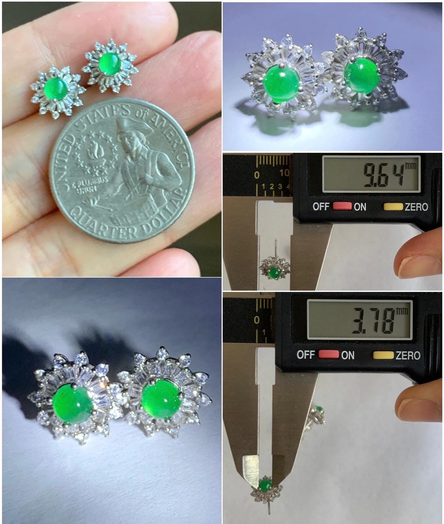 Natural Guatemalan Grade A Icy Translucent Vibrant Green Jade Jadeite Snowflake Stud Earrings Sterling Silver 天然冰危绿翡翠镶嵌雪花耳钉 WXH66