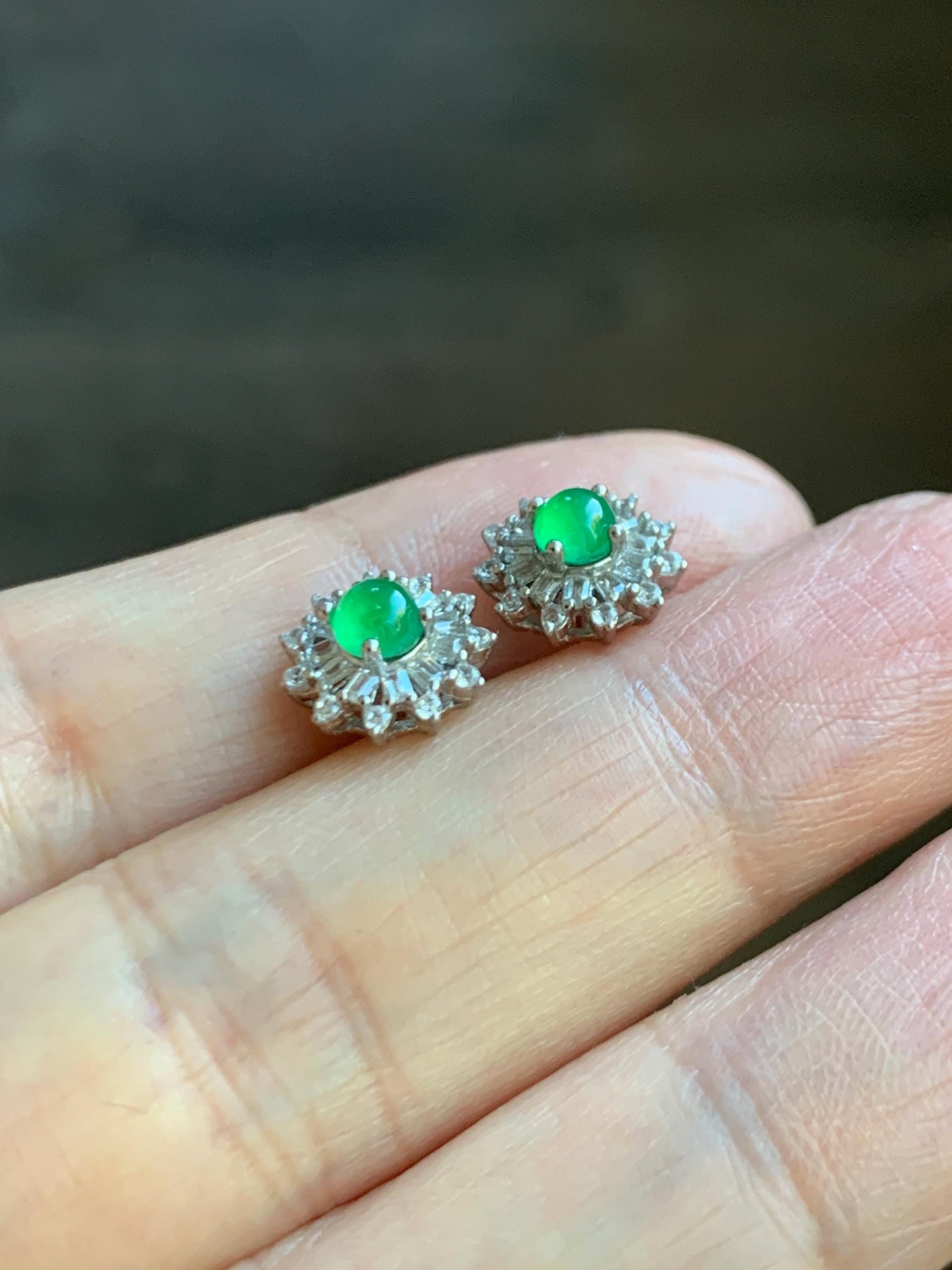 Natural Guatemalan Grade A Icy Translucent Vibrant Green Jade Jadeite Snowflake Stud Earrings Sterling Silver 天然冰危绿翡翠镶嵌雪花耳钉 WXH66