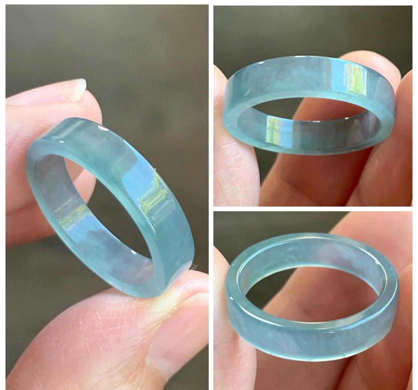 Natural Grade A Guatemalan Icy Highly Translucent Light Teal Blue Jade Jadeite Square Edged Band Ring Size 8 US 天然冰危浅蓝翡翠角戒戒圈 WLJ55