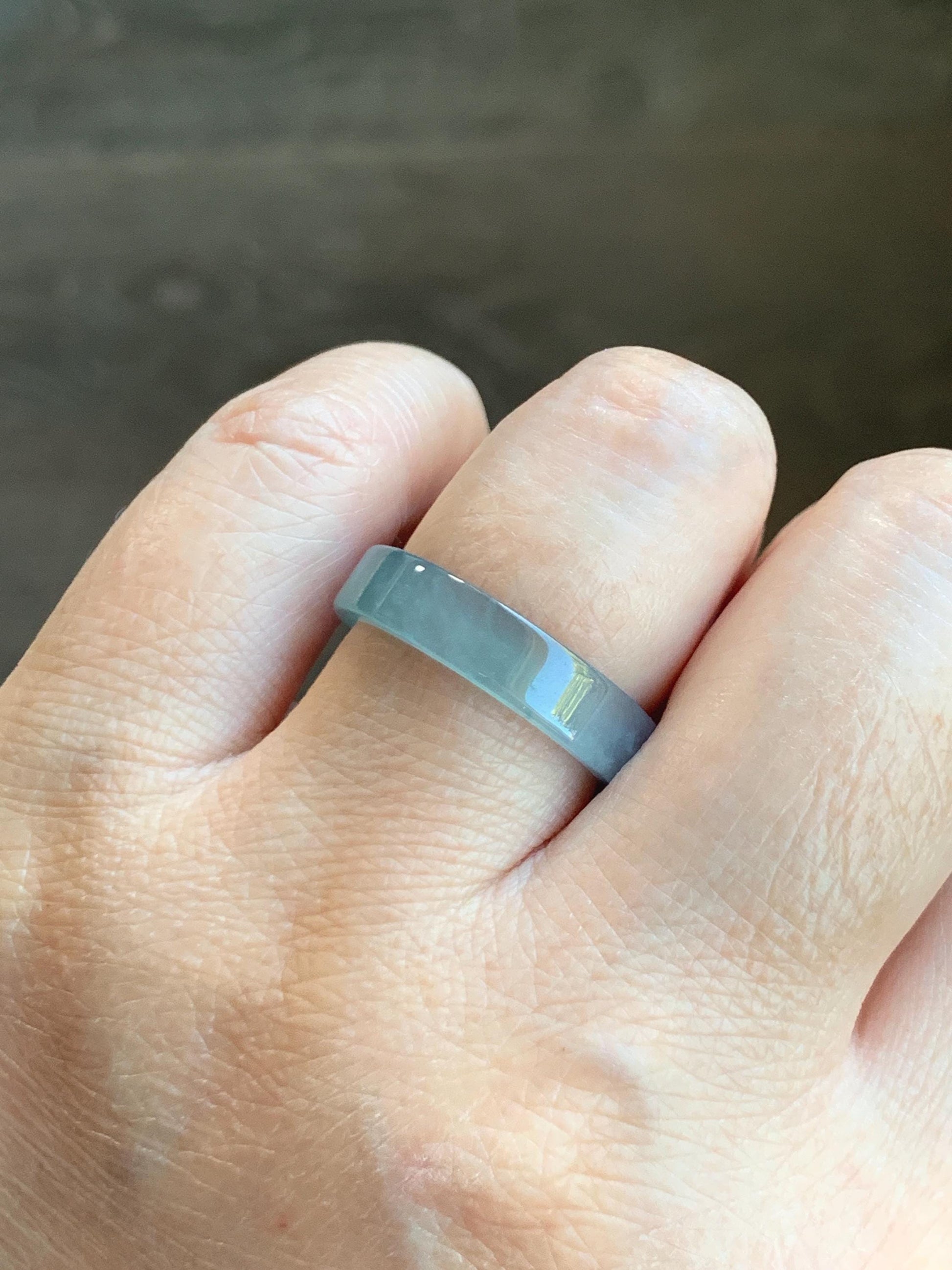 Natural Grade A Guatemalan Icy Highly Translucent Light Teal Blue Jade Jadeite Square Edged Band Ring Size 8 US 天然冰危浅蓝翡翠角戒戒圈 WLJ55