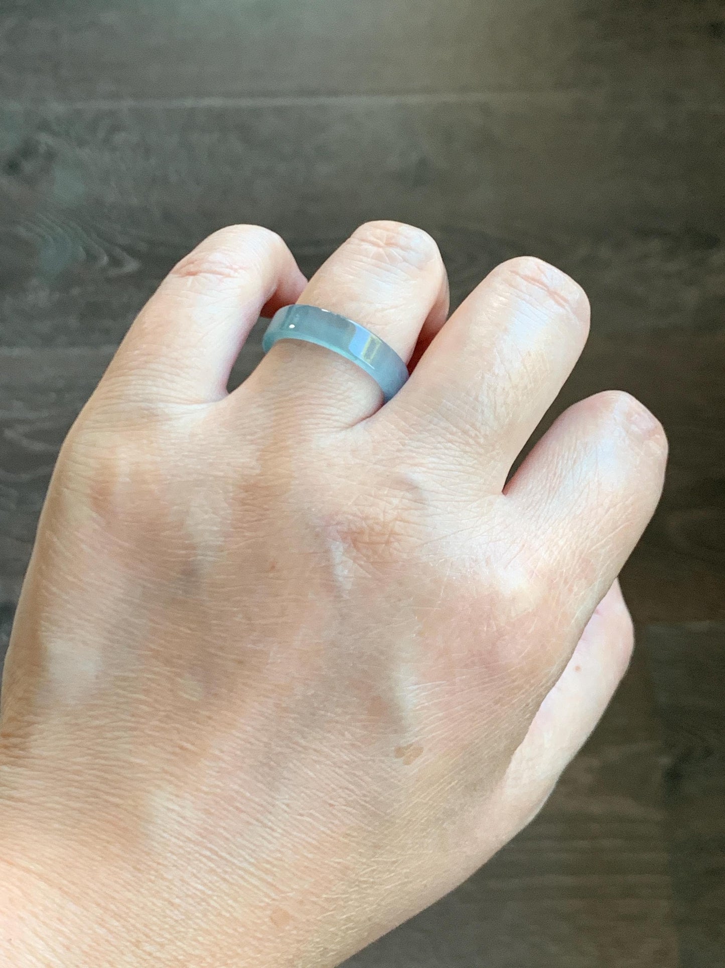 Natural Grade A Guatemalan Icy Highly Translucent Light Teal Blue Jade Jadeite Square Edged Band Ring Size 8 US 天然冰危浅蓝翡翠角戒戒圈 WLJ55