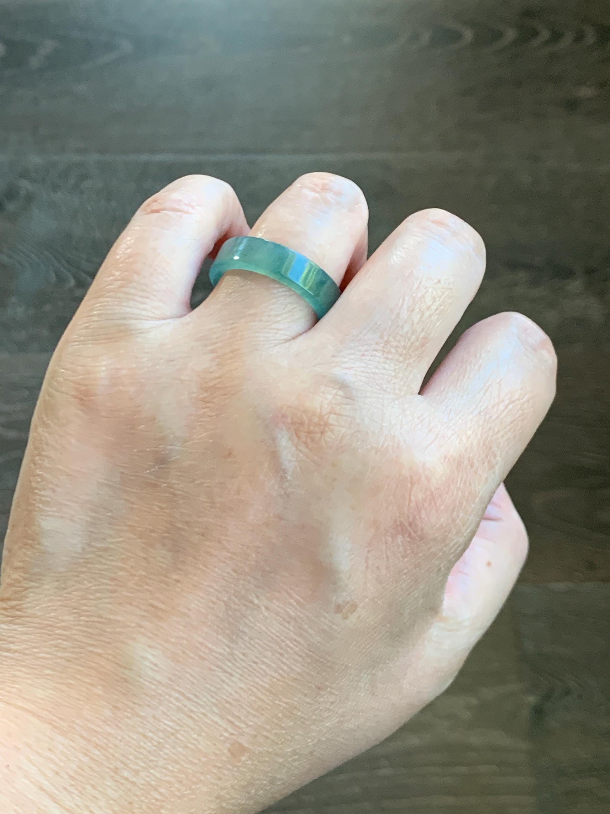 Natural Grade A Guatemalan Icy Highly Translucent Light Green Jade Jadeite Square Edged Band Ring Size 9 US 天然冰危晴绿翡翠角戒戒圈 LLJ180B