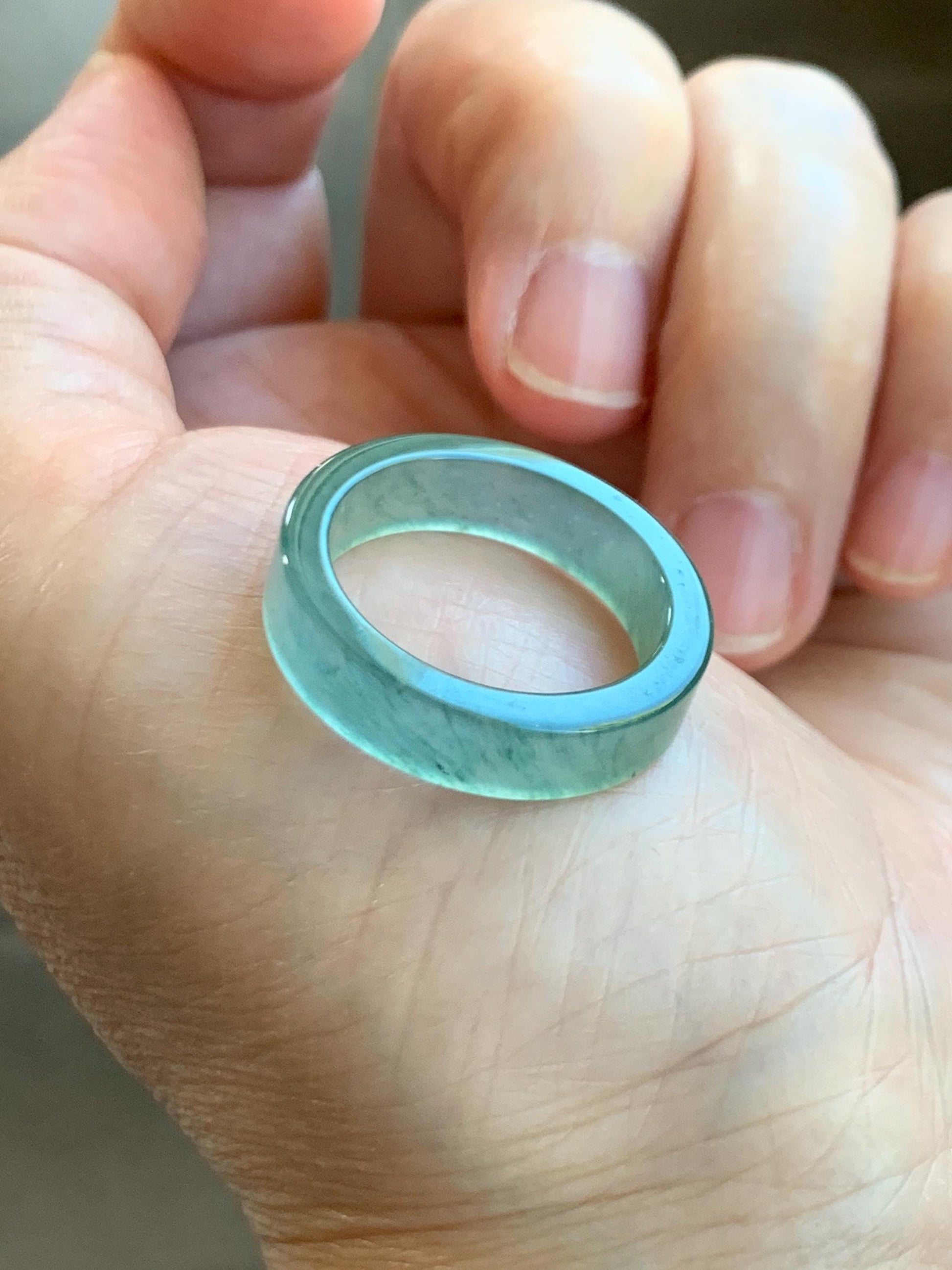 Natural Grade A Guatemalan Icy Highly Translucent Light Green Jade Jadeite Square Edged Band Ring Size 9 US 天然冰危晴绿翡翠角戒戒圈 LLJ180B
