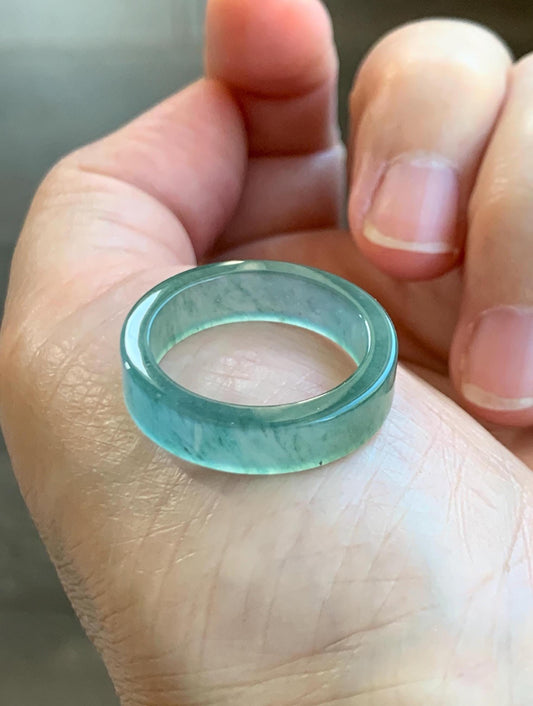 Natural Grade A Guatemalan Icy Highly Translucent Light Green Jade Jadeite Square Edged Band Ring Size 9 US 天然冰危晴绿翡翠角戒戒圈 LLJ180B