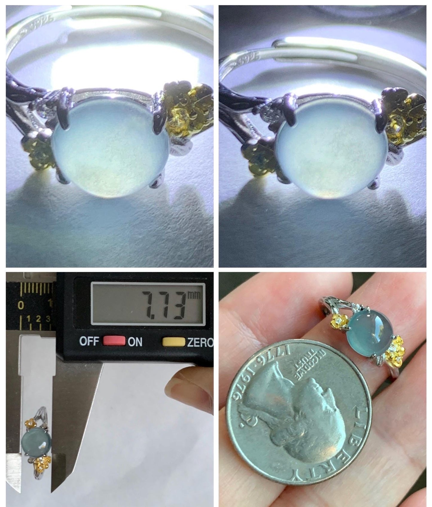 Natural Guatemalan Icy Highly Translucent Blue Jade Jadeite Cherry Blossom Branch Ring Sterling Silver Adjustable 天然冰危蓝起光翡翠梅花枝戒指 MH203C