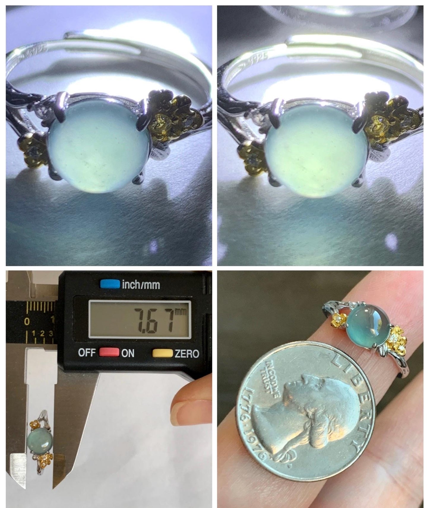 Natural Guatemalan Icy Highly Translucent Teal Jade Jadeite Cherry Blossom Branch Ring Sterling Silver Adjustable 天然冰危蓝绿起光翡翠梅花枝戒指 MH203B