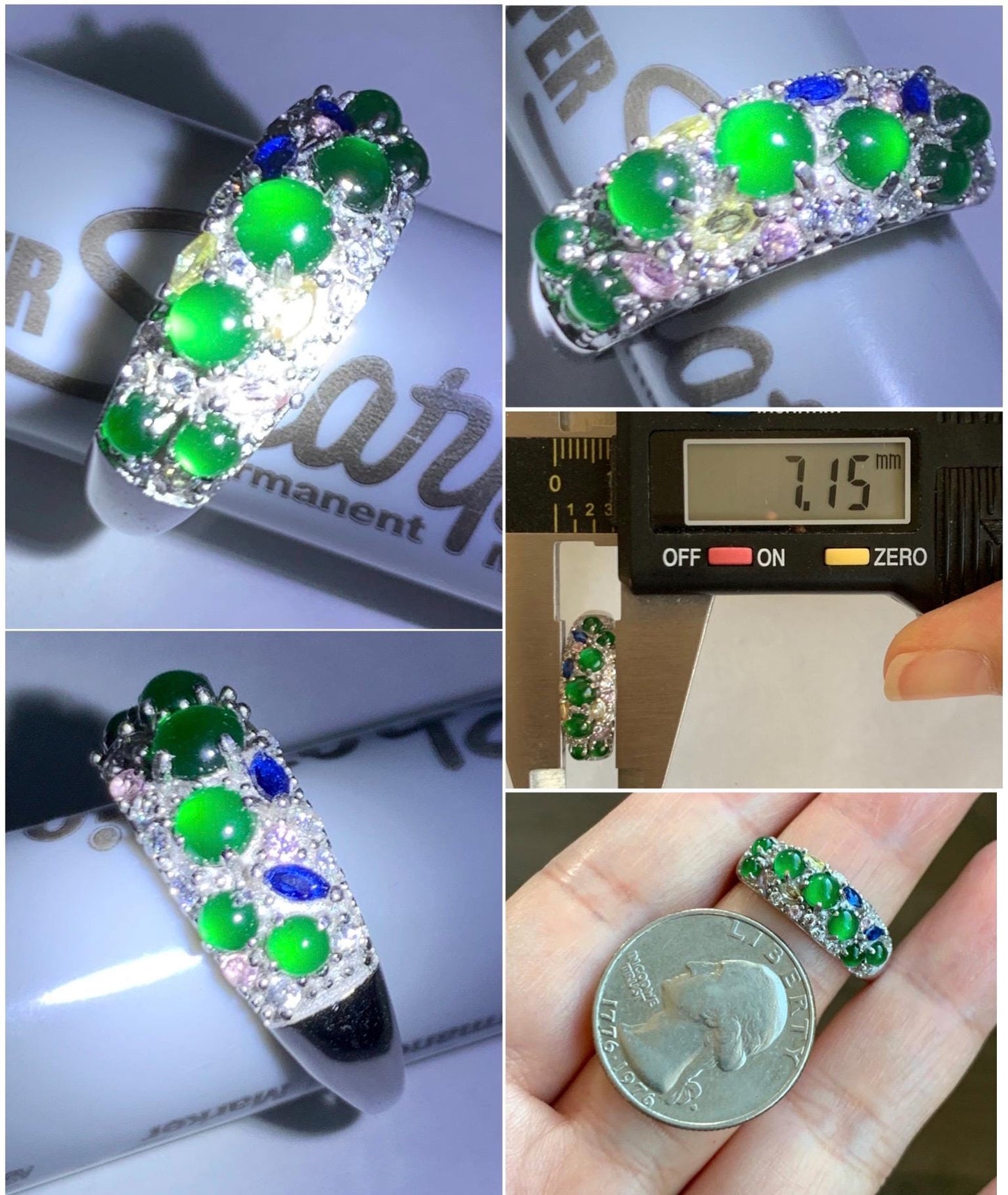 Natural Grade A Guatemalan Icy Translucent Vibrant Green Jade Jadeite Band Ring Sterling Silver Size 7 Adjustable 天然冰危绿翡翠花开富贵银镶戒指 HKFG96