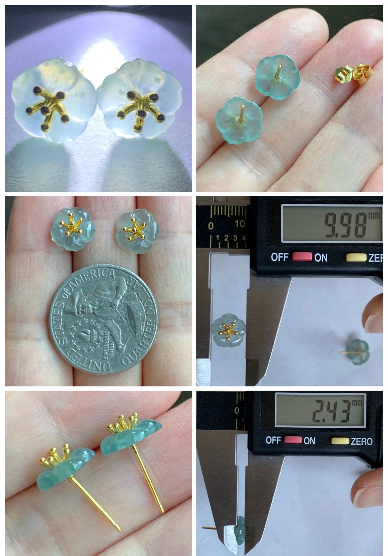 Natural Grade A Guatemalan Icy Highly Translucent Pastel Blue Jade Jadeite Cherry Blossom Stud Earring Sterling Silver 天然高冰危淡蓝翡翠梅花耳钉 BPM66