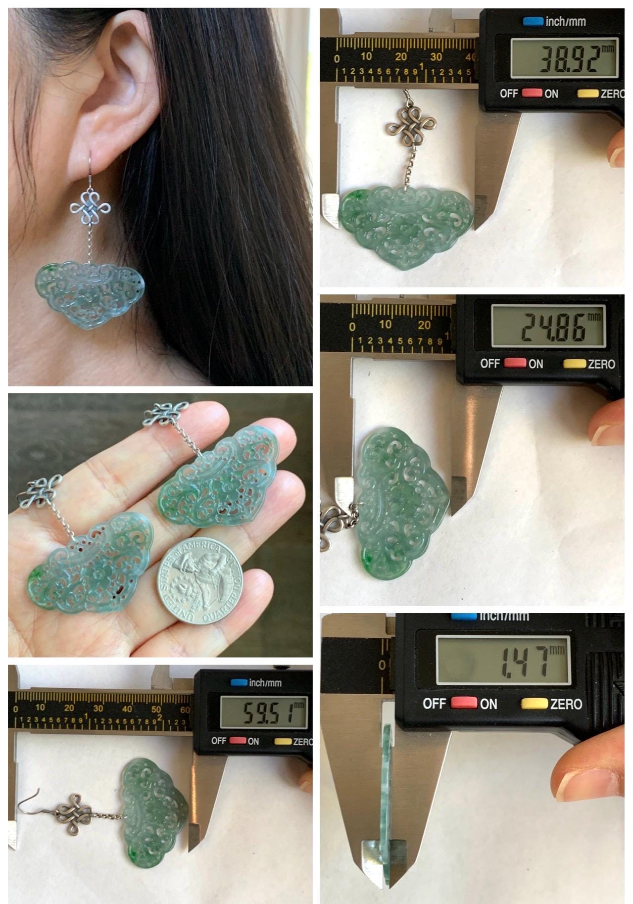 Natural Grade A Guatemalan Icy Translucent Light Teal Jade Jadeite Openwork Engraved Ruyi Earrings Sterling Silver 天然冰危晴蓝飘花翡翠镂空雕银耳钩 WPH162